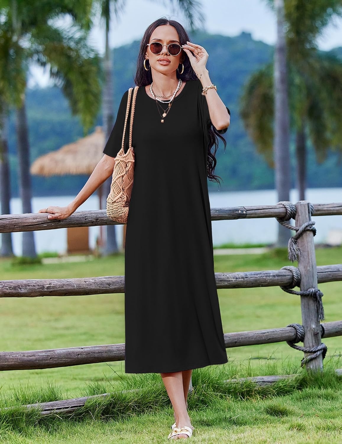 image:imageZeagoo Summer Dresses for Women 2026 Maxi Dresses Vacation Sundress Short Sleeve Casual Sundresses Split Dress with Pockets01black