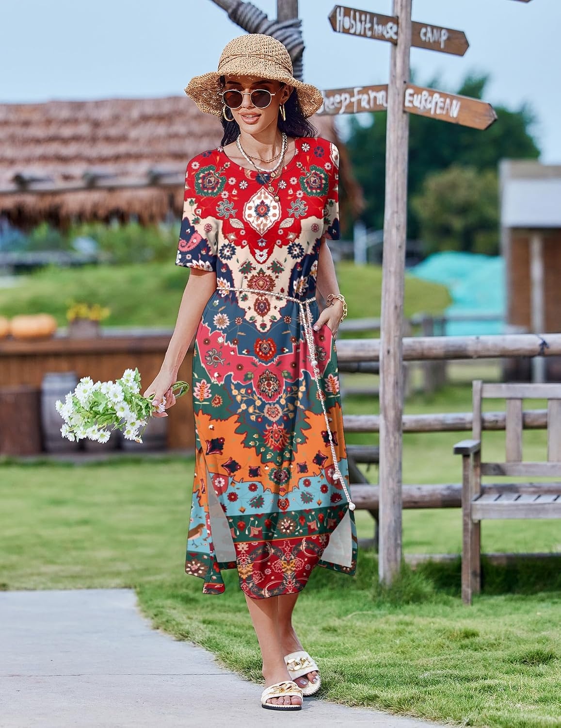 image:imageZeagoo Summer Dresses for Women 2026 Maxi Dresses Vacation Sundress Short Sleeve Casual Sundresses Split Dress with Pockets02 Colorful
