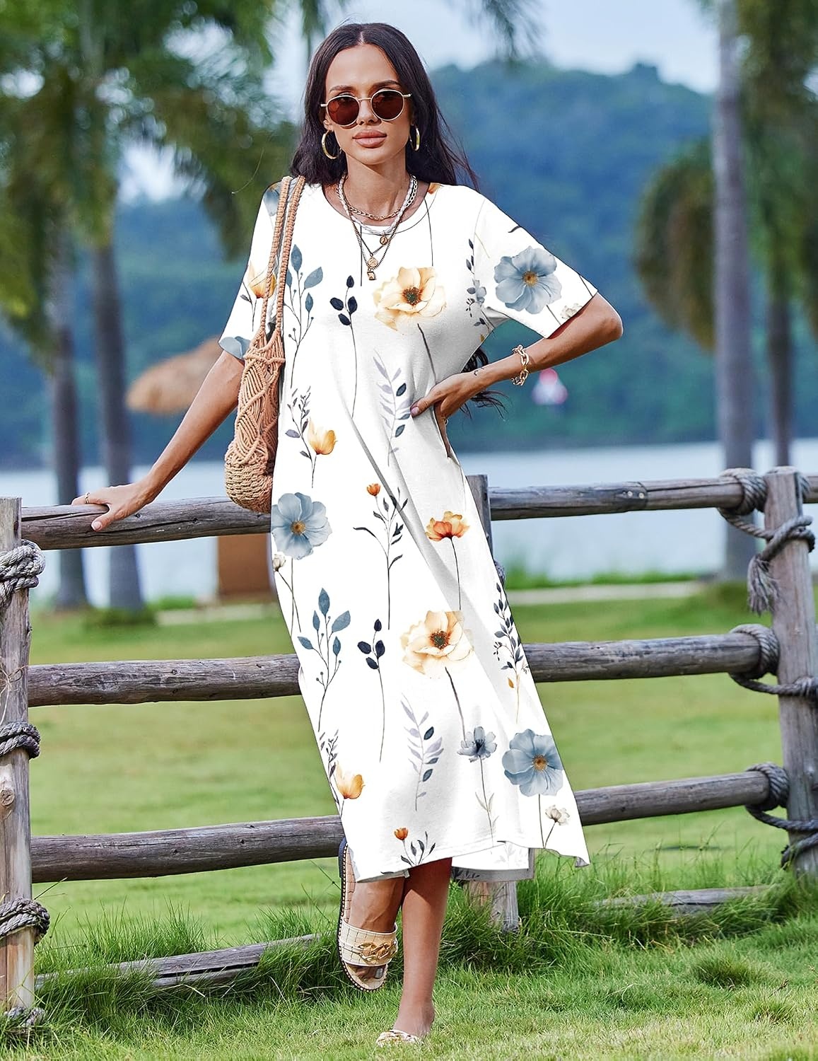 image:imageZeagoo Summer Dresses for Women 2026 Maxi Dresses Vacation Sundress Short Sleeve Casual Sundresses Split Dress with Pockets02white