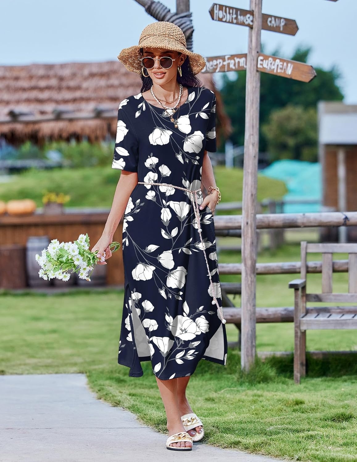image:imageZeagoo Summer Dresses for Women 2026 Maxi Dresses Vacation Sundress Short Sleeve Casual Sundresses Split Dress with Pockets03 Navy