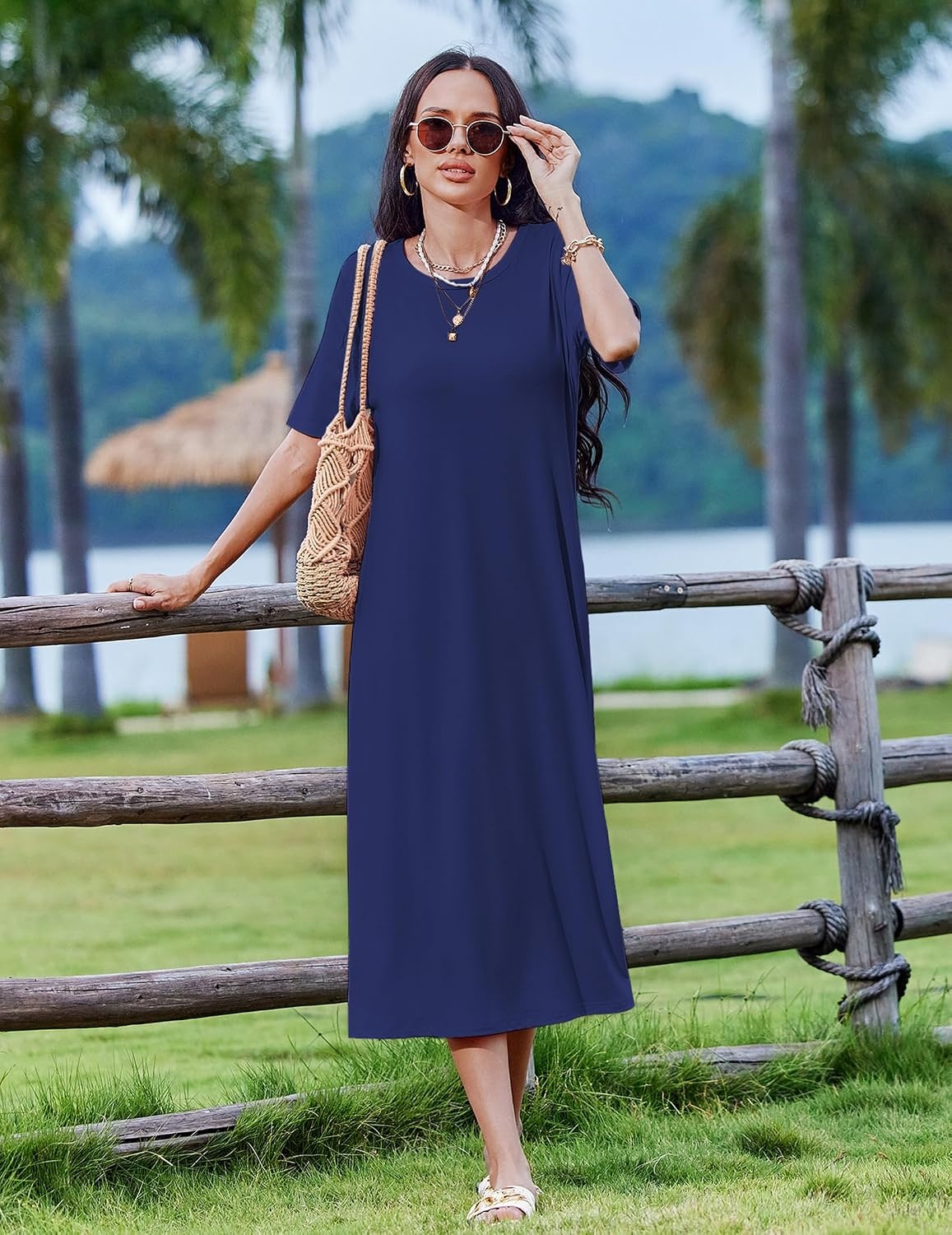 image:imageZeagoo Summer Dresses for Women 2026 Maxi Dresses Vacation Sundress Short Sleeve Casual Sundresses Split Dress with PocketsA01navy