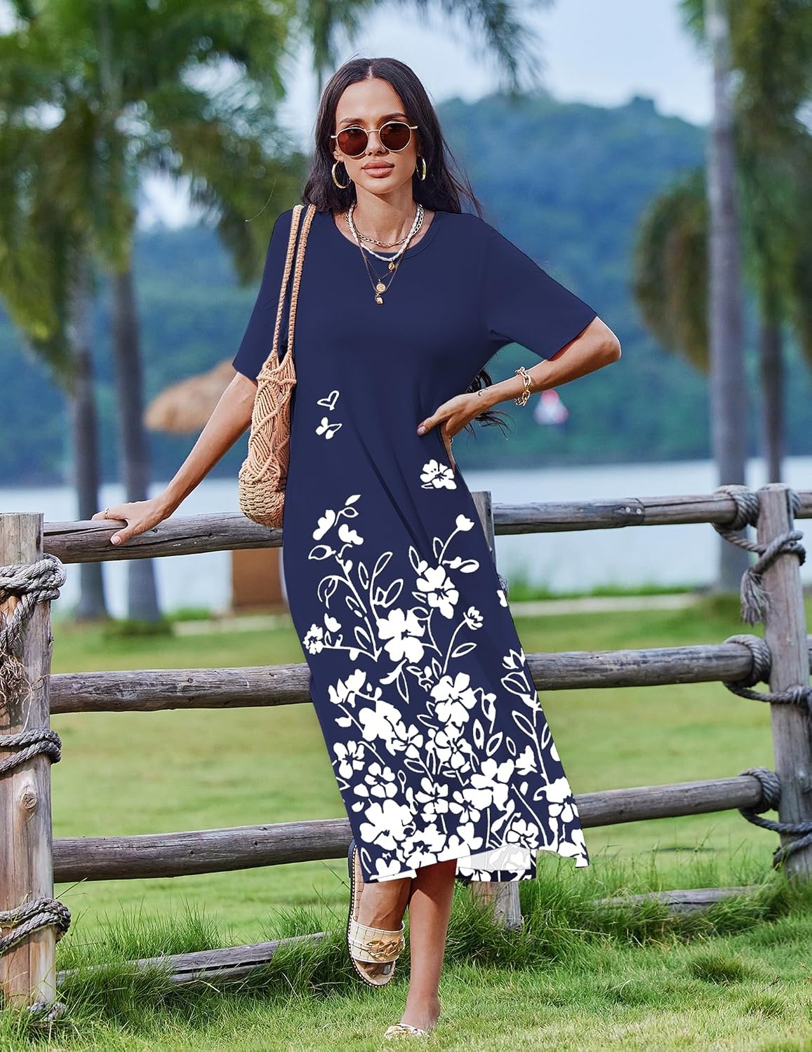 image:imageZeagoo Summer Dresses for Women 2026 Maxi Dresses Vacation Sundress Short Sleeve Casual Sundresses Split Dress with PocketsA02navy