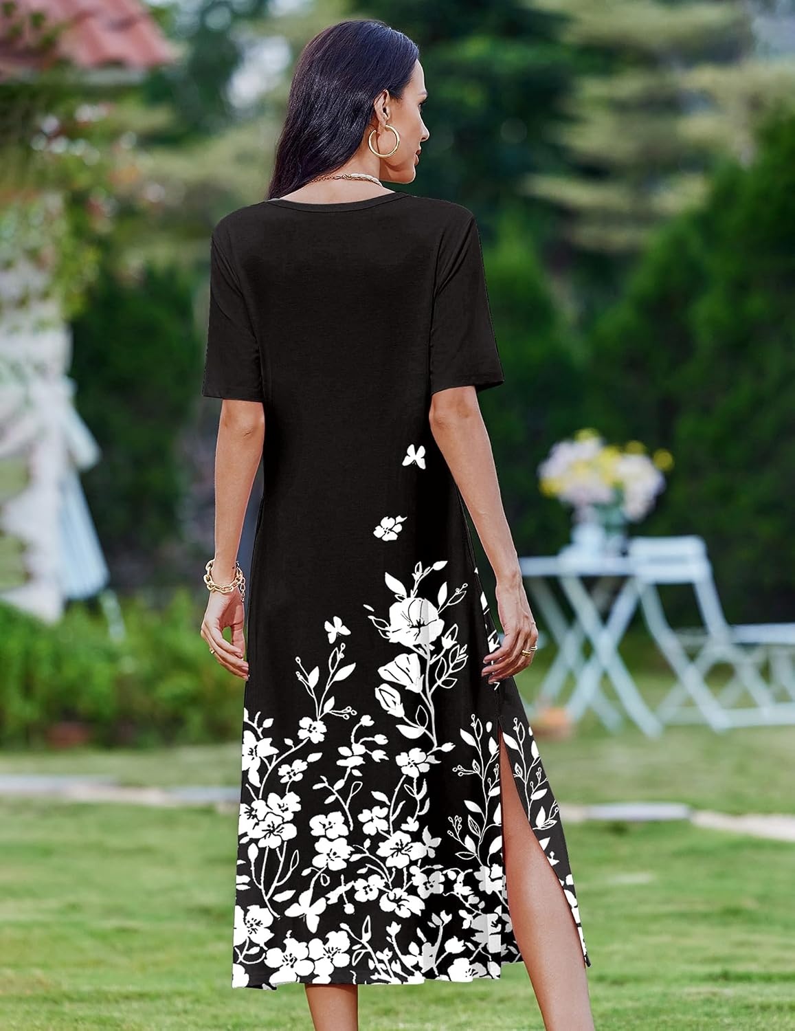 image:imageZeagoo Summer Dresses for Women 2026 Maxi Dresses Vacation Sundress Short Sleeve Casual Sundresses Split Dress with PocketsBlack Floral