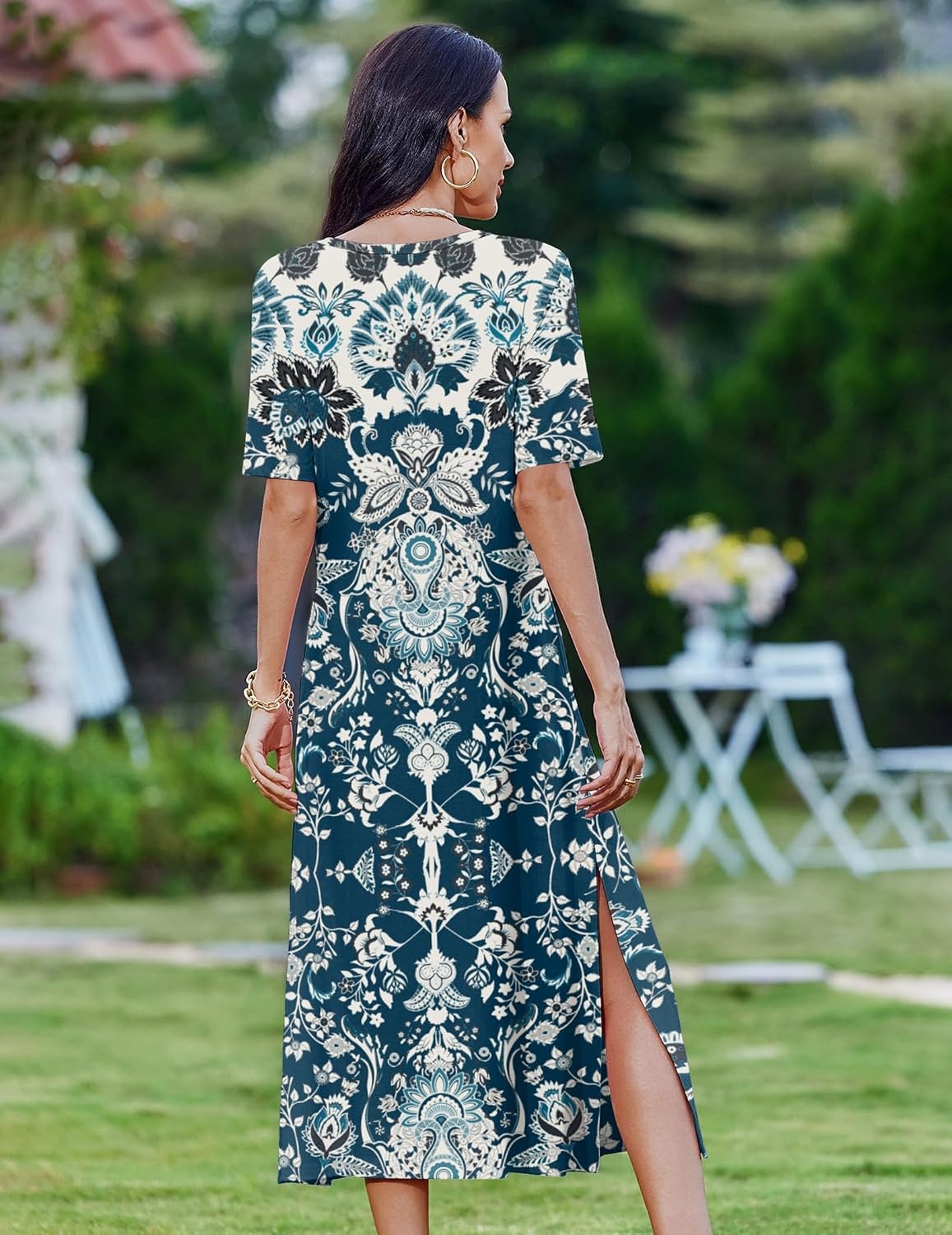 image:imageZeagoo Summer Dresses for Women 2026 Maxi Dresses Vacation Sundress Short Sleeve Casual Sundresses Split Dress with PocketsBlue Mz924