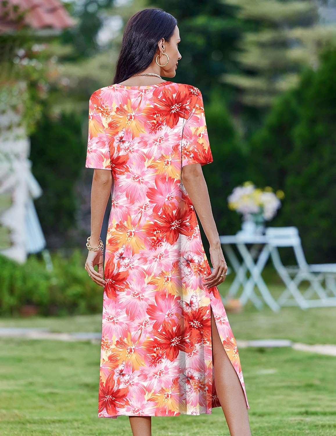 image:imageZeagoo Summer Dresses for Women 2026 Maxi Dresses Vacation Sundress Short Sleeve Casual Sundresses Split Dress with PocketsFlowers Red Yellow