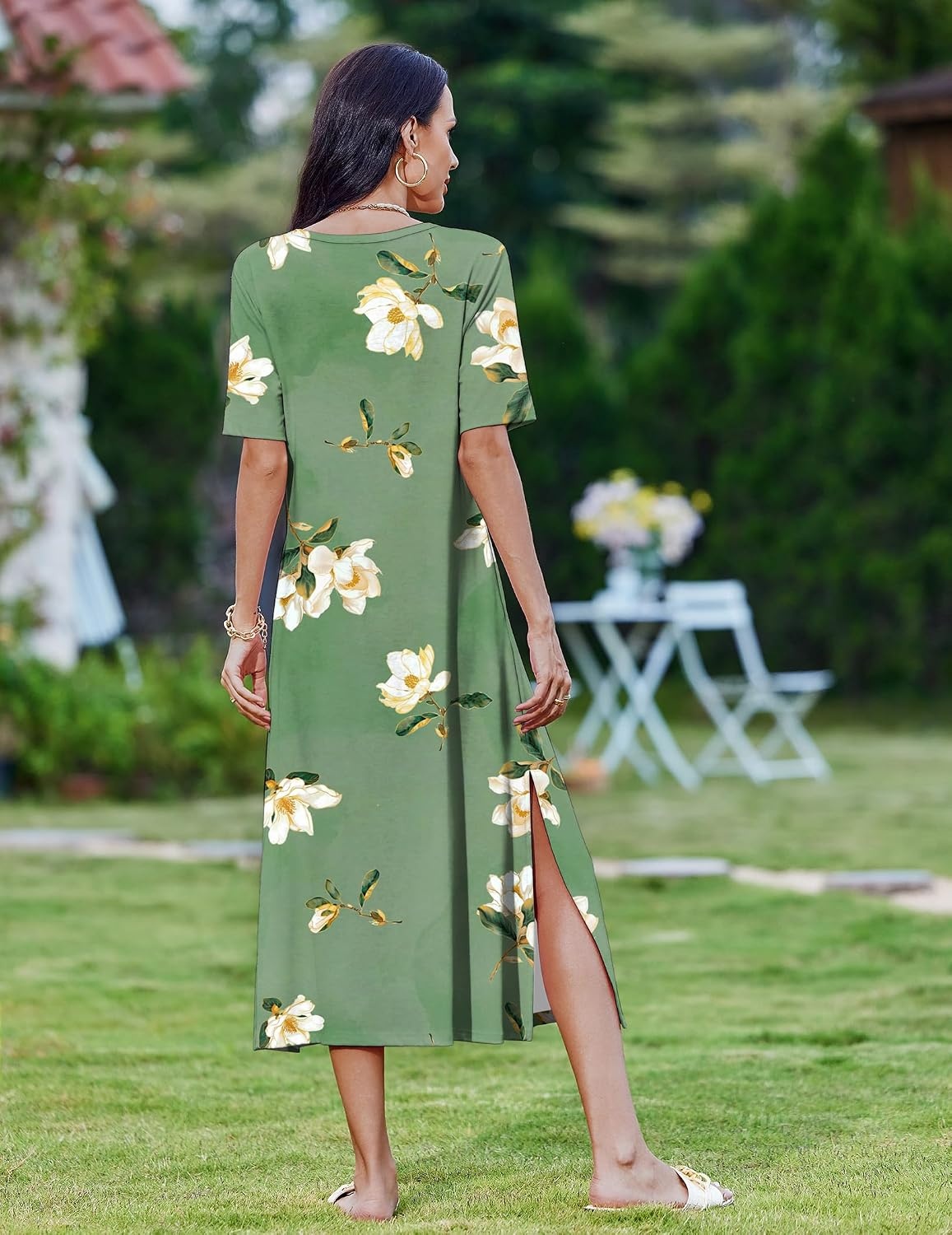image:imageZeagoo Summer Dresses for Women 2026 Maxi Dresses Vacation Sundress Short Sleeve Casual Sundresses Split Dress with PocketsGeeen02