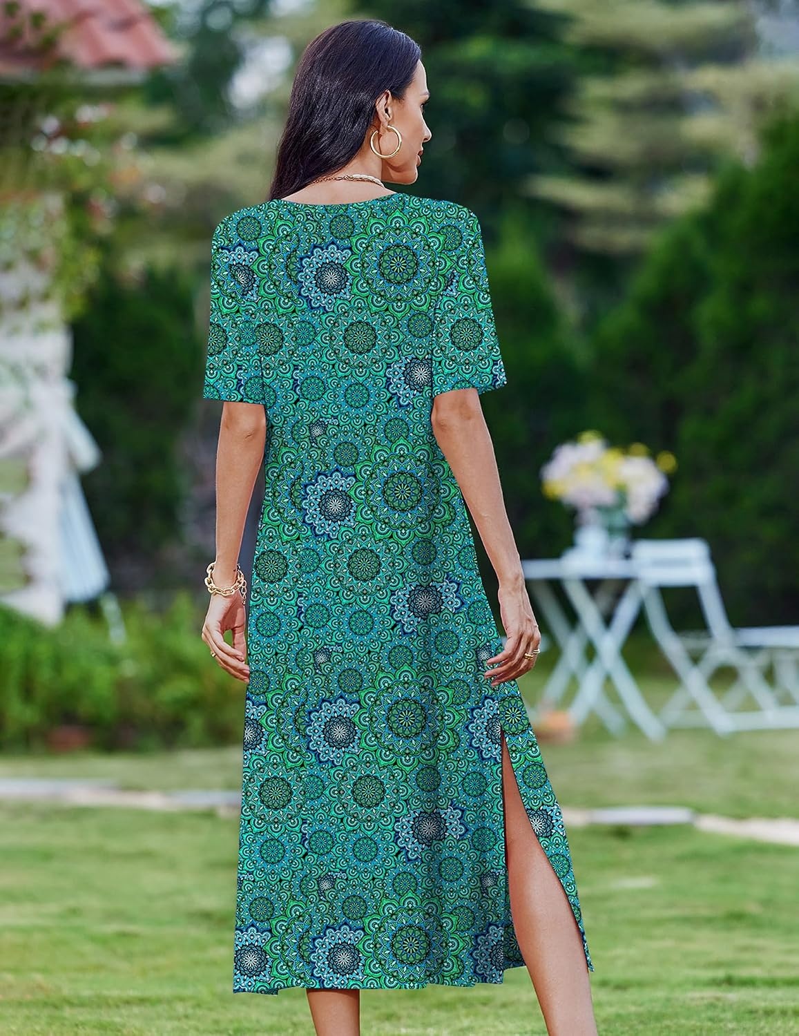 image:imageZeagoo Summer Dresses for Women 2026 Maxi Dresses Vacation Sundress Short Sleeve Casual Sundresses Split Dress with PocketsGreen Black