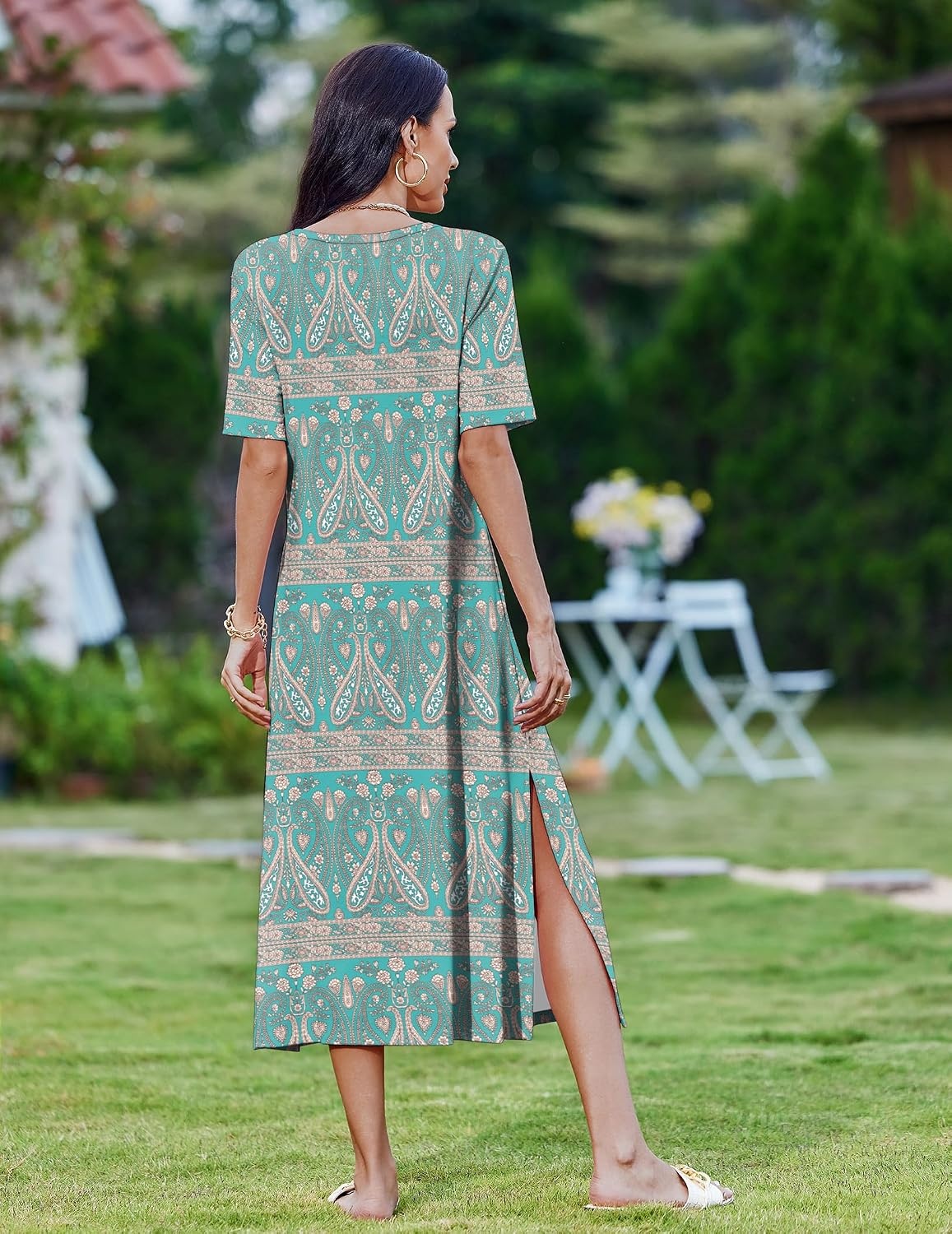 image:imageZeagoo Summer Dresses for Women 2026 Maxi Dresses Vacation Sundress Short Sleeve Casual Sundresses Split Dress with PocketsGreen01