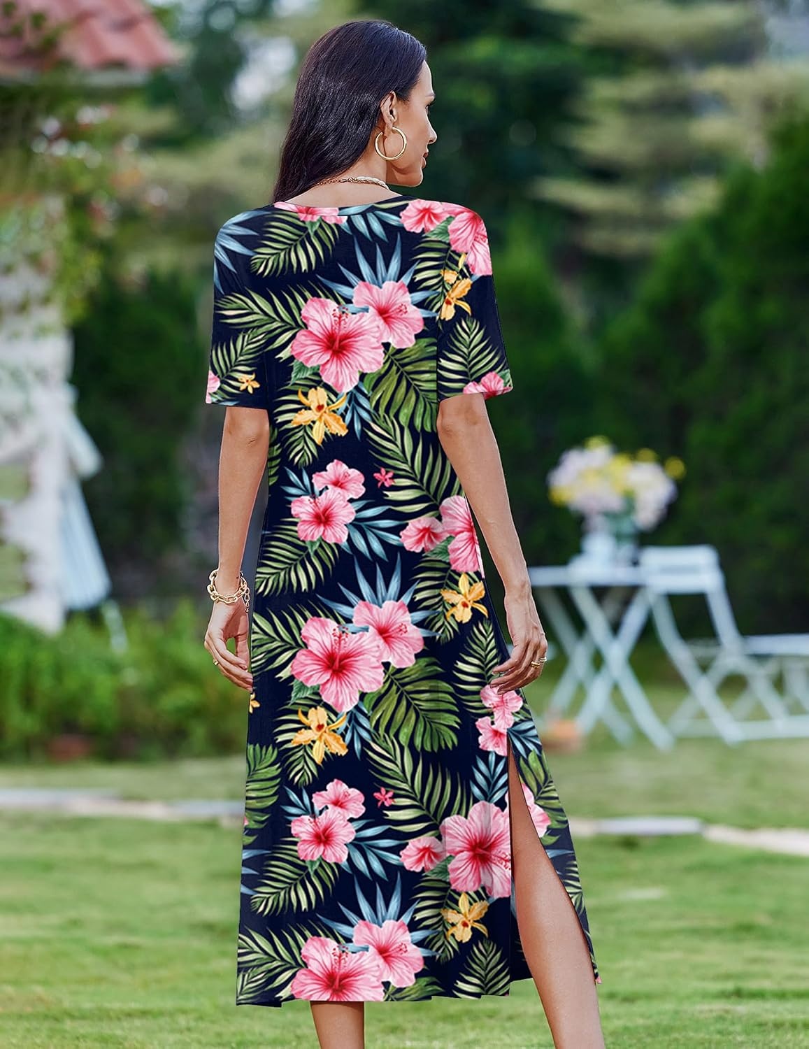 image:imageZeagoo Summer Dresses for Women 2026 Maxi Dresses Vacation Sundress Short Sleeve Casual Sundresses Split Dress with PocketsPink Floral