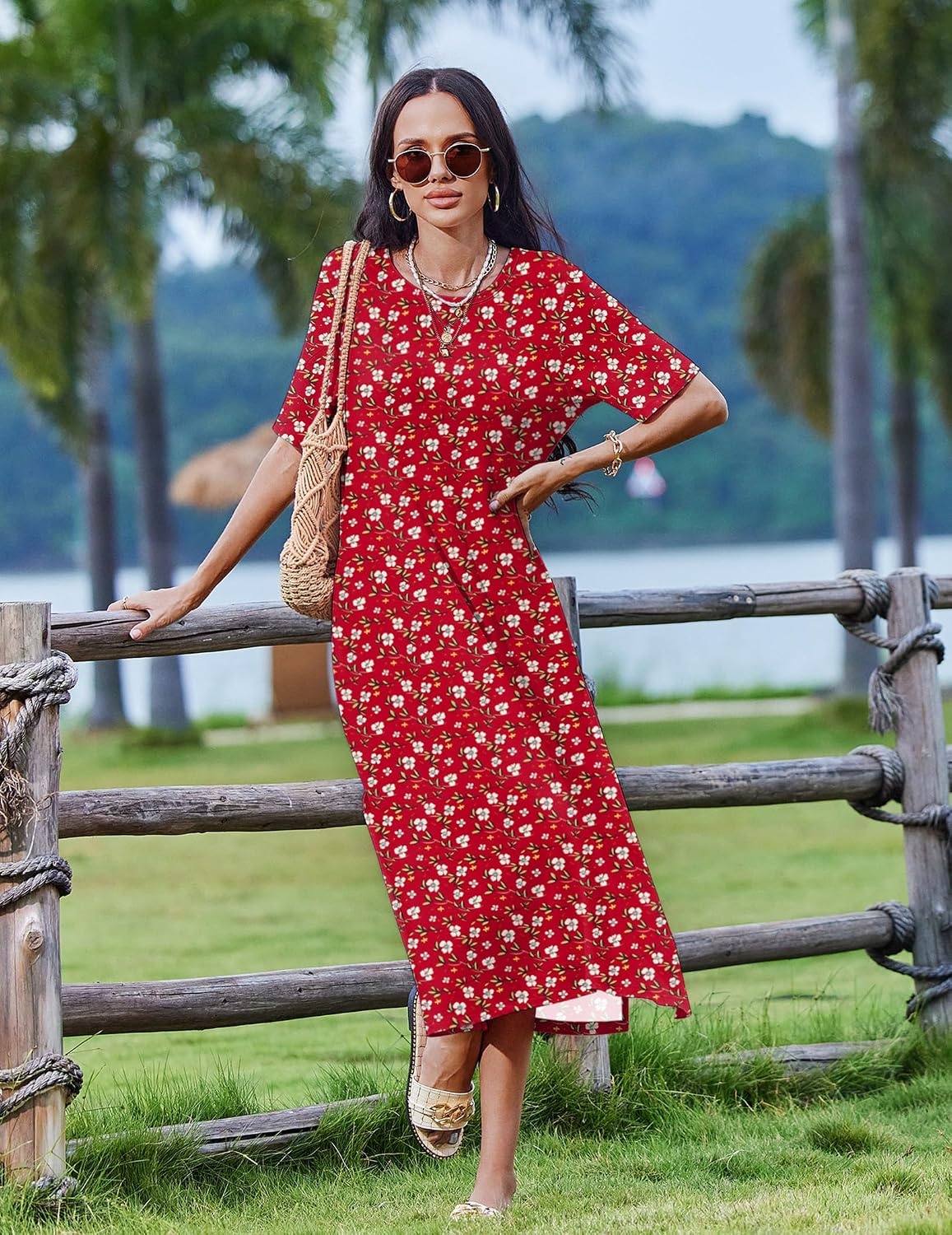 image:imageZeagoo Summer Dresses for Women 2026 Maxi Dresses Vacation Sundress Short Sleeve Casual Sundresses Split Dress with PocketsRed