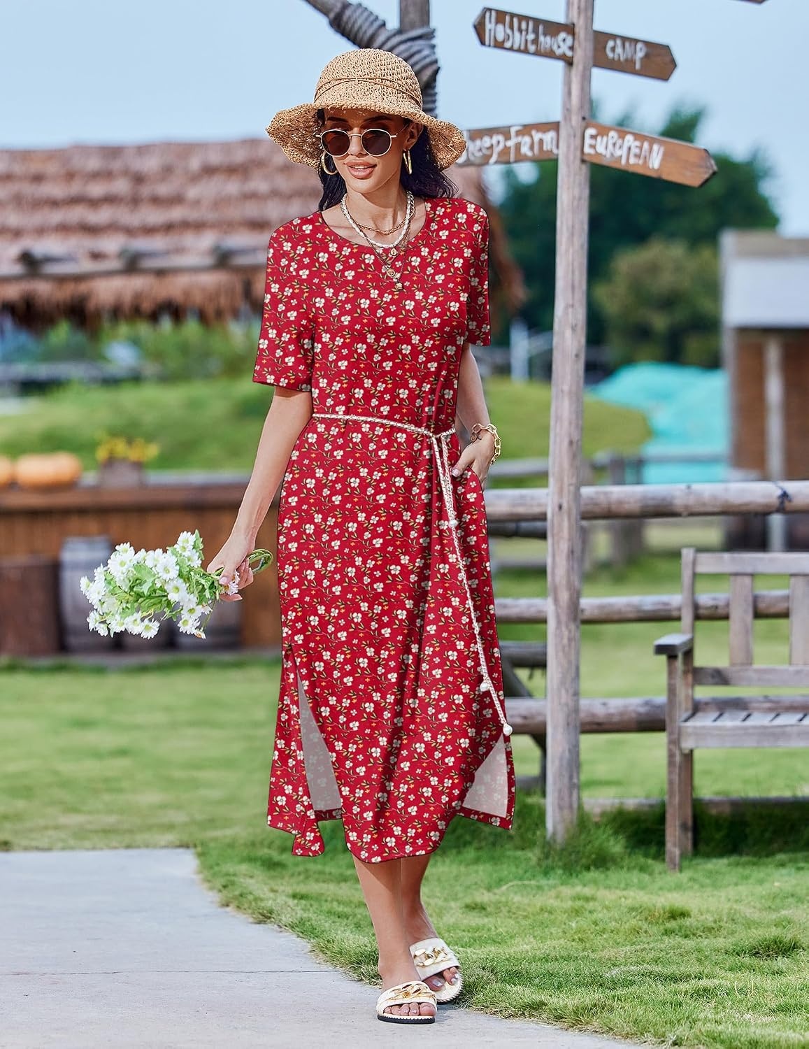 image:imageZeagoo Summer Dresses for Women 2026 Maxi Dresses Vacation Sundress Short Sleeve Casual Sundresses Split Dress with PocketsRed