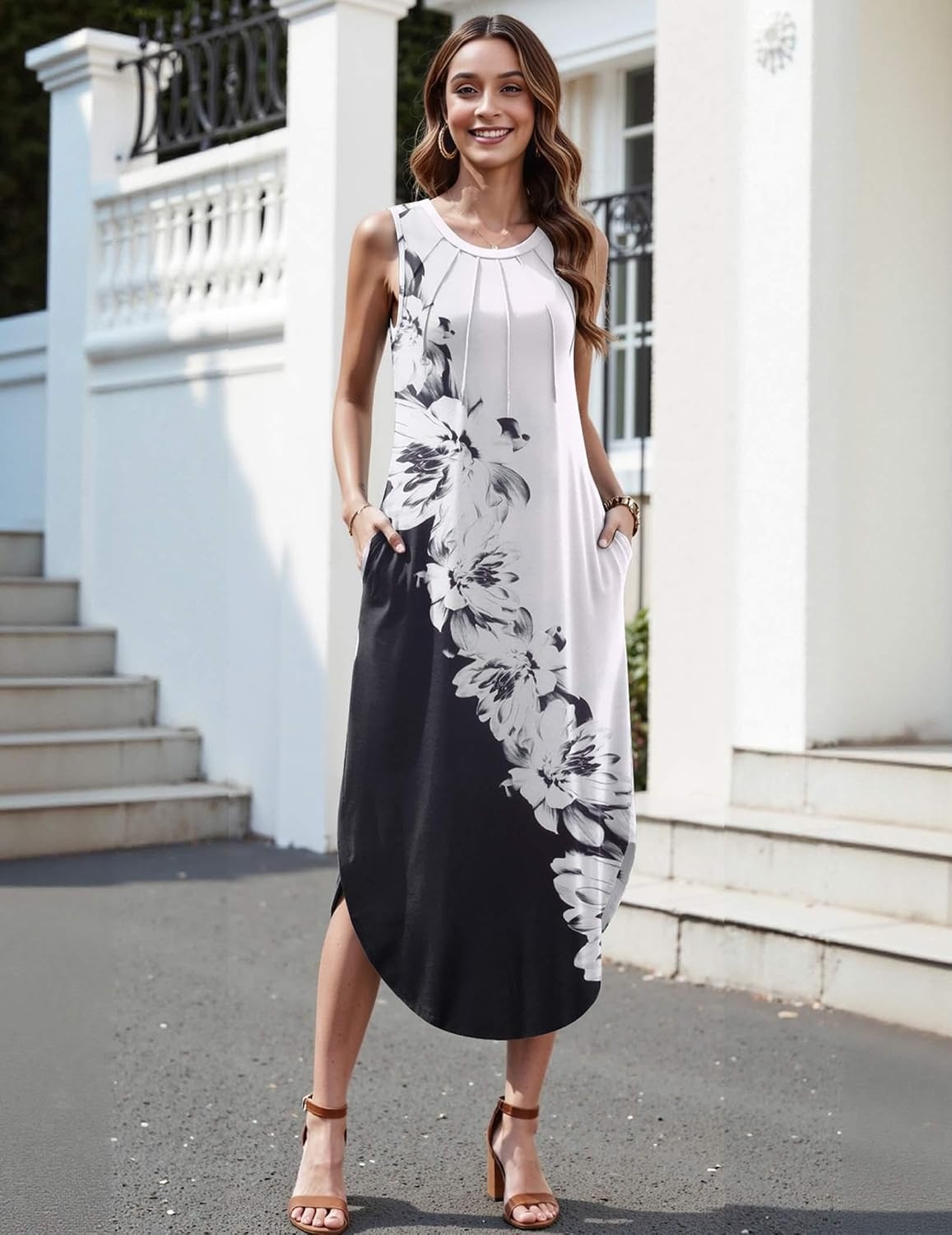 image:imageZeagoo Women Floral Summer Casual Beach Printed Tank Dress with Pockets Pleated Front Long DressBlackWhite Print