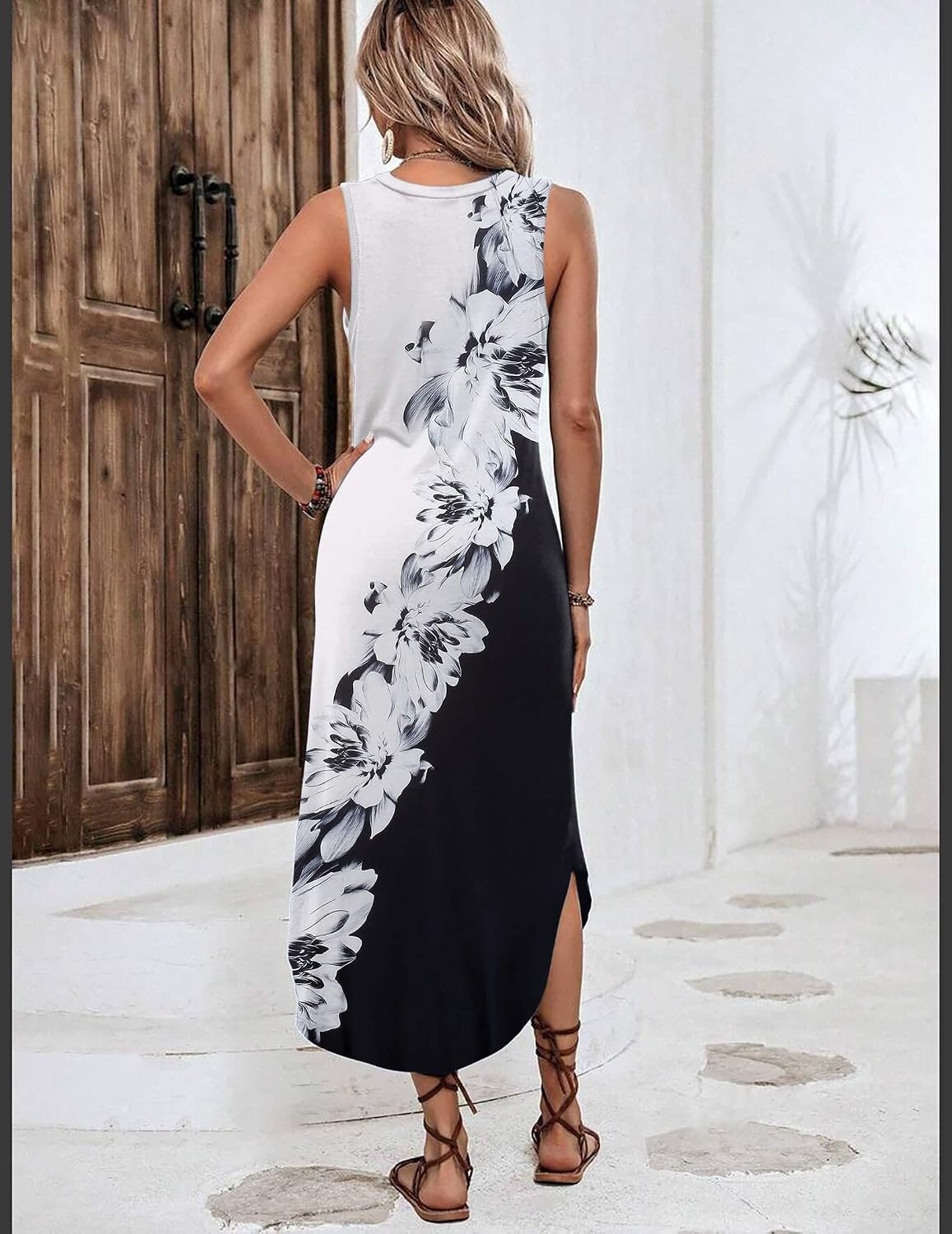 image:imageZeagoo Women Floral Summer Casual Beach Printed Tank Dress with Pockets Pleated Front Long DressBlackWhite Print