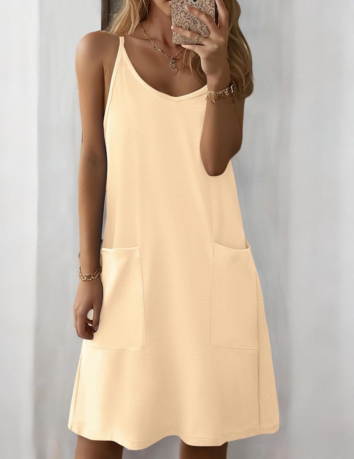 image:imageZeagoo Women Summer Dresses Casual Beach Vacation Dress Spaghetti Strap Sundress Sleeveless Mini Short Dress with PocketsBeige