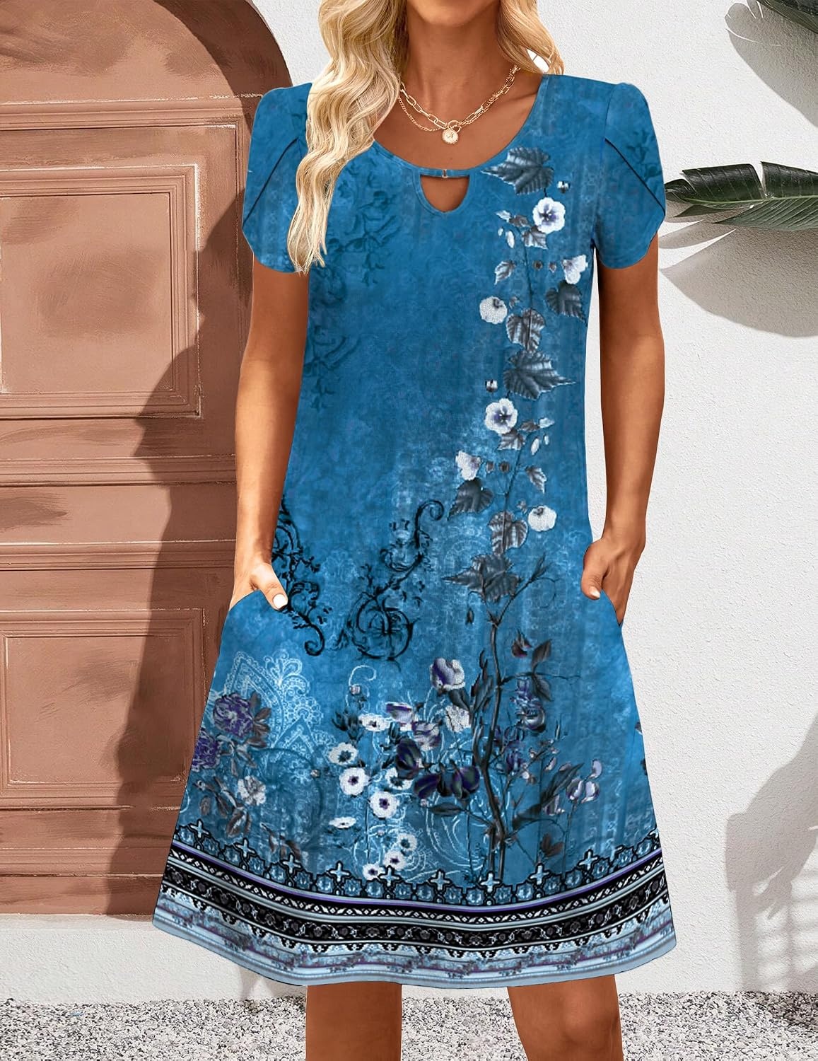 image:imageZeagoo Womens Casual ALine Dresses with Pockets Summer Floral Tshirt Dress Short Sleeve Mini Dress Flowy SundressesBlue Floral2