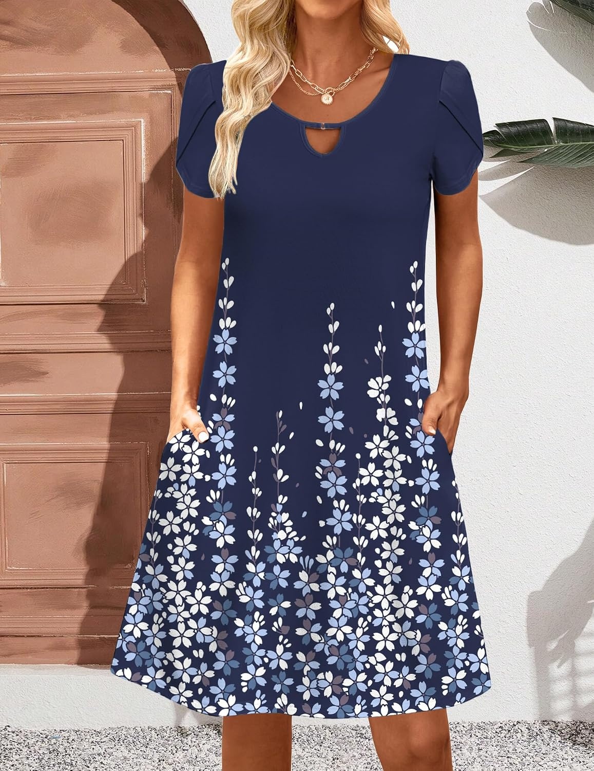 image:imageZeagoo Womens Casual ALine Dresses with Pockets Summer Floral Tshirt Dress Short Sleeve Mini Dress Flowy SundressesBlue Floralprinted