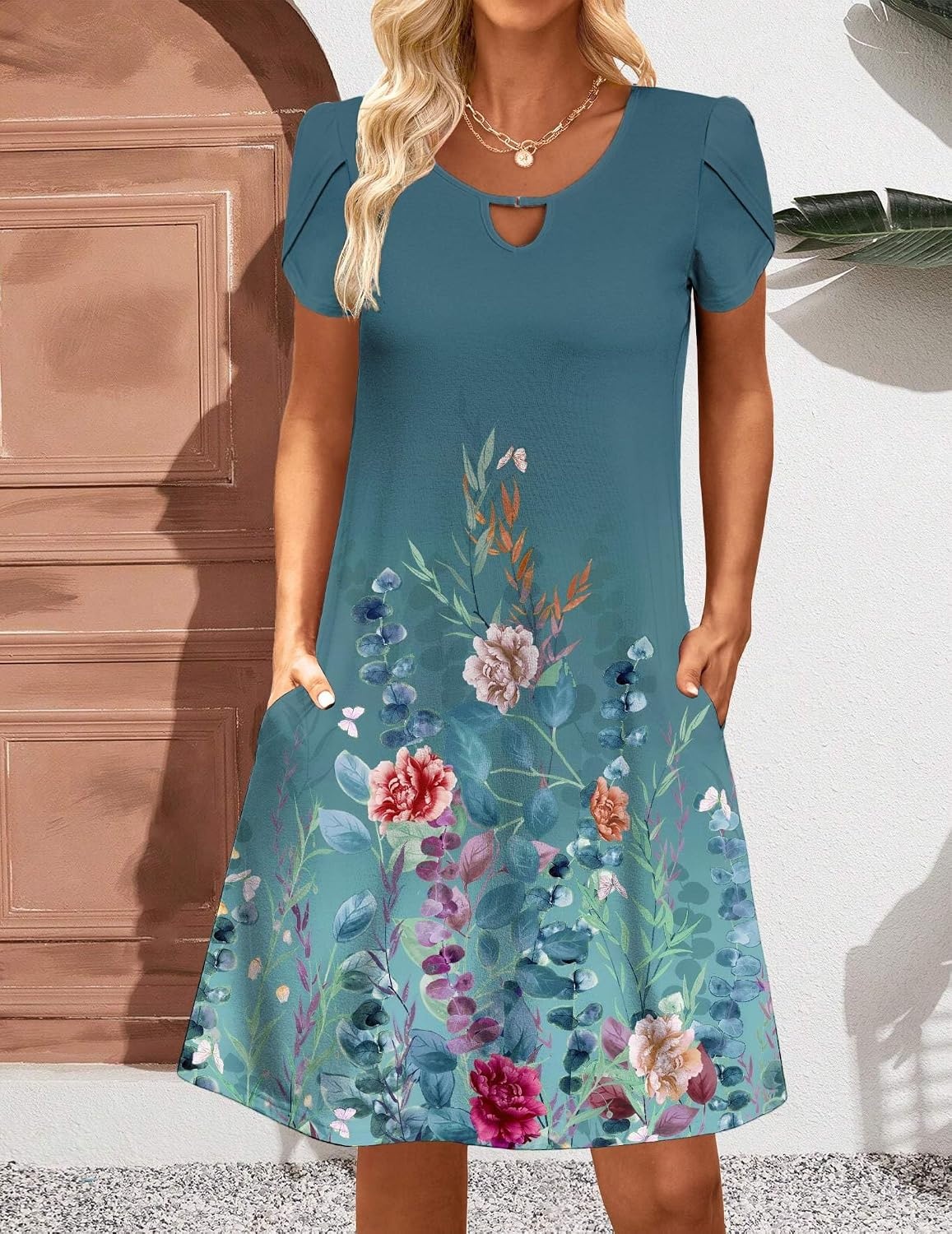 image:imageZeagoo Womens Casual ALine Dresses with Pockets Summer Floral Tshirt Dress Short Sleeve Mini Dress Flowy SundressesFloral Printed