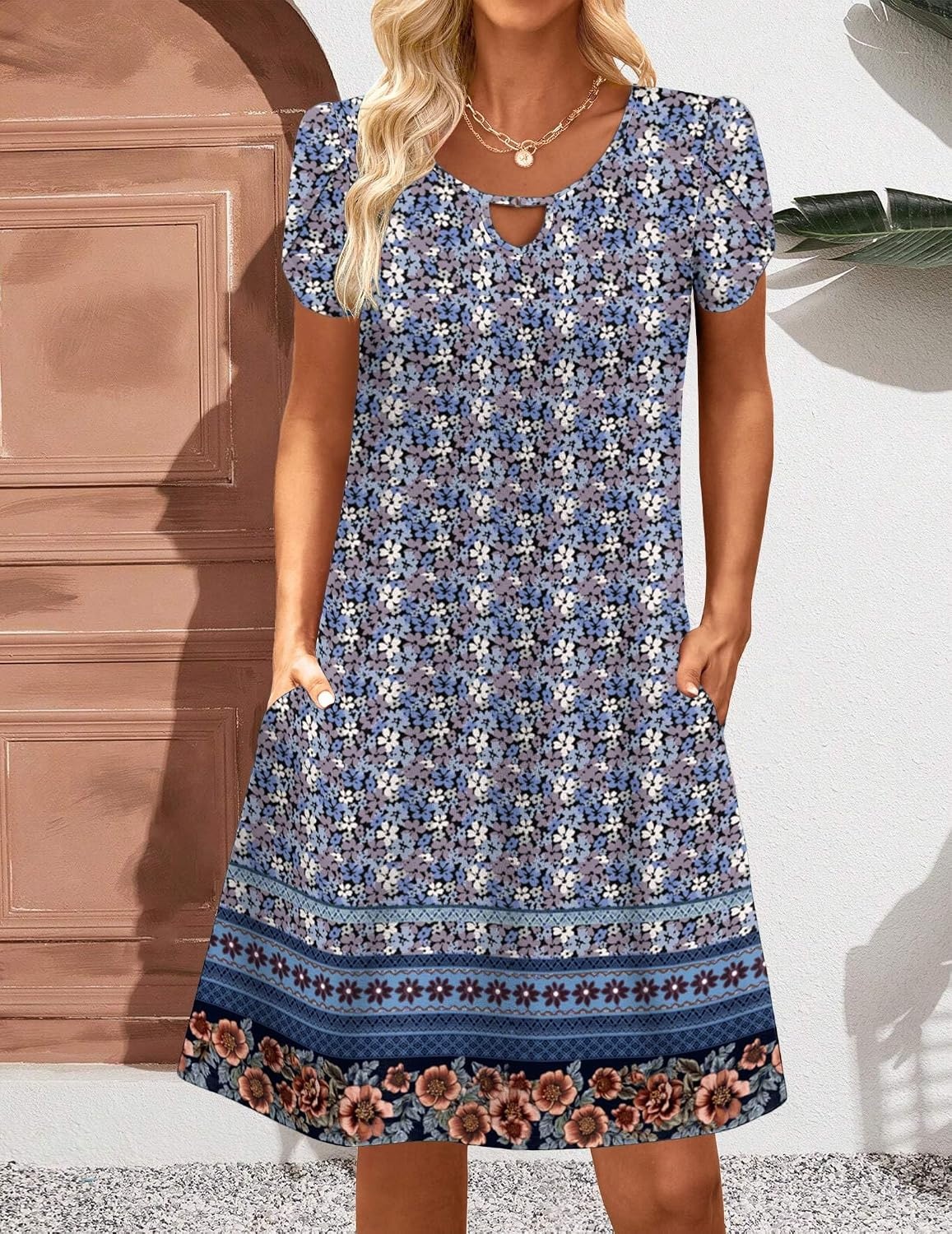 image:imageZeagoo Womens Casual ALine Dresses with Pockets Summer Floral Tshirt Dress Short Sleeve Mini Dress Flowy SundressesFloral Printed1