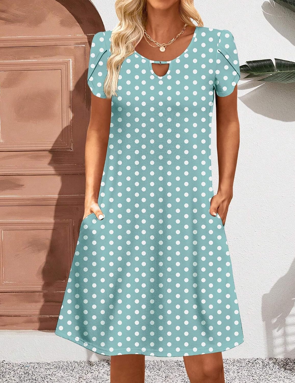 image:imageZeagoo Womens Casual ALine Dresses with Pockets Summer Floral Tshirt Dress Short Sleeve Mini Dress Flowy SundressesGreen Dot