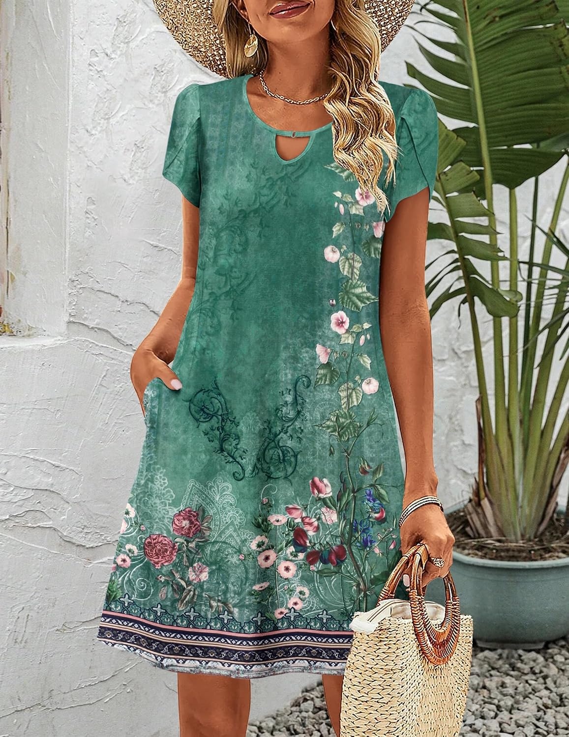 image:imageZeagoo Womens Casual ALine Dresses with Pockets Summer Floral Tshirt Dress Short Sleeve Mini Dress Flowy SundressesGreenprinted