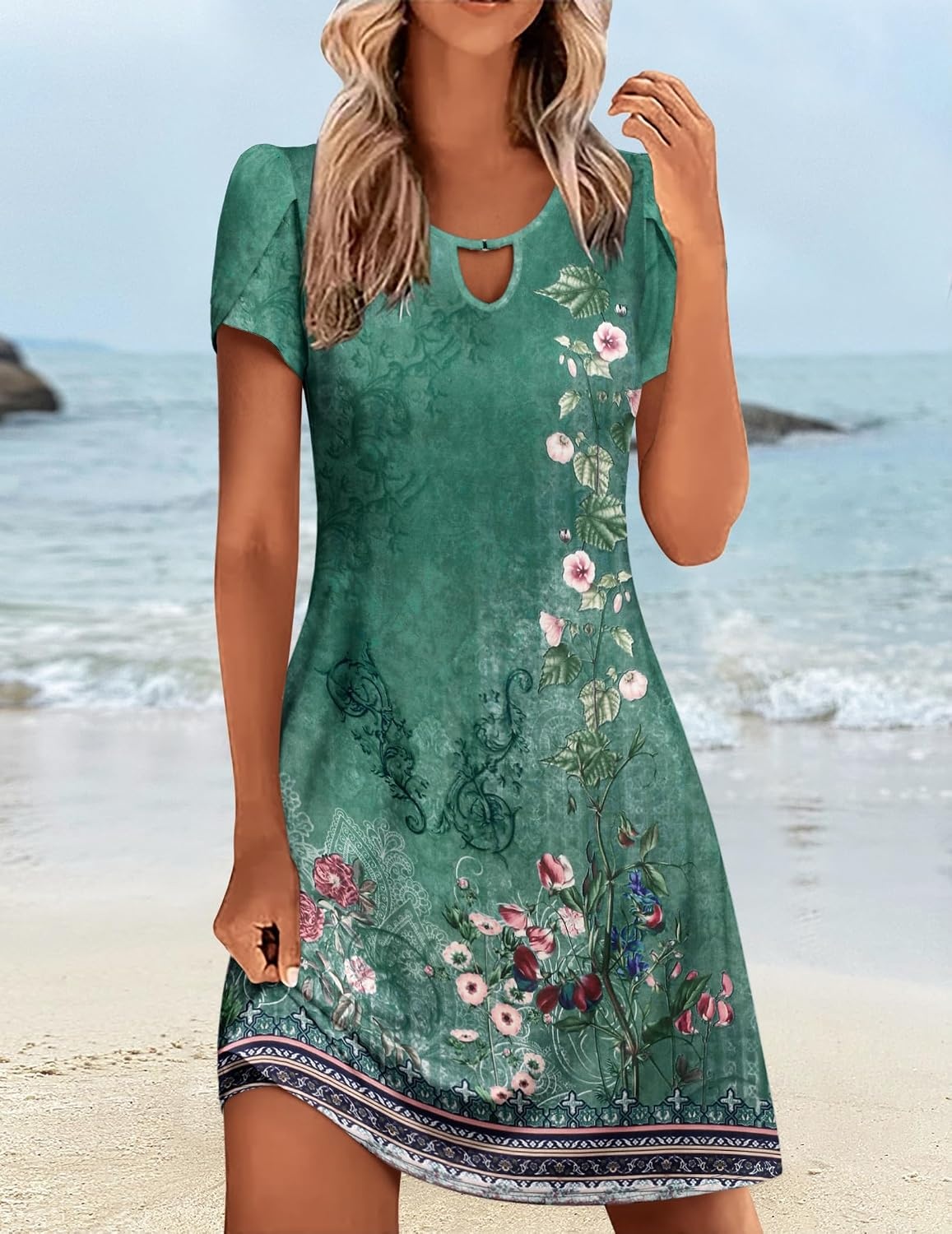 image:imageZeagoo Womens Casual ALine Dresses with Pockets Summer Floral Tshirt Dress Short Sleeve Mini Dress Flowy SundressesGreenprinted