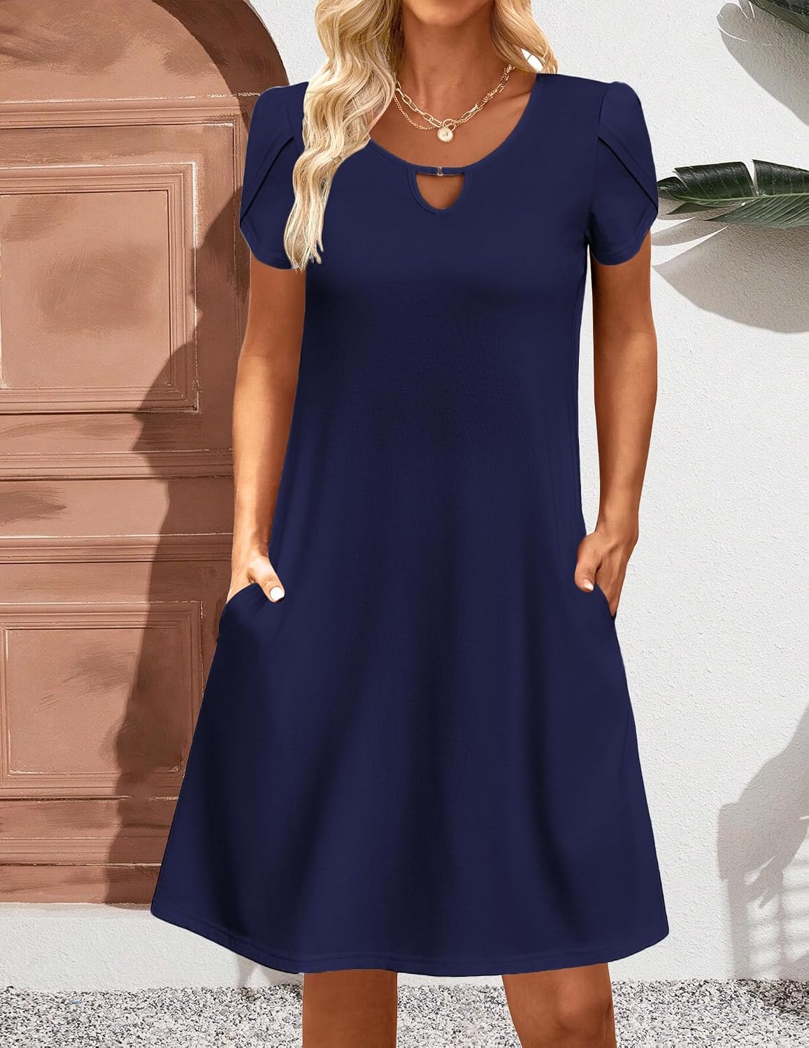 image:imageZeagoo Womens Casual ALine Dresses with Pockets Summer Floral Tshirt Dress Short Sleeve Mini Dress Flowy SundressesNavy Blue
