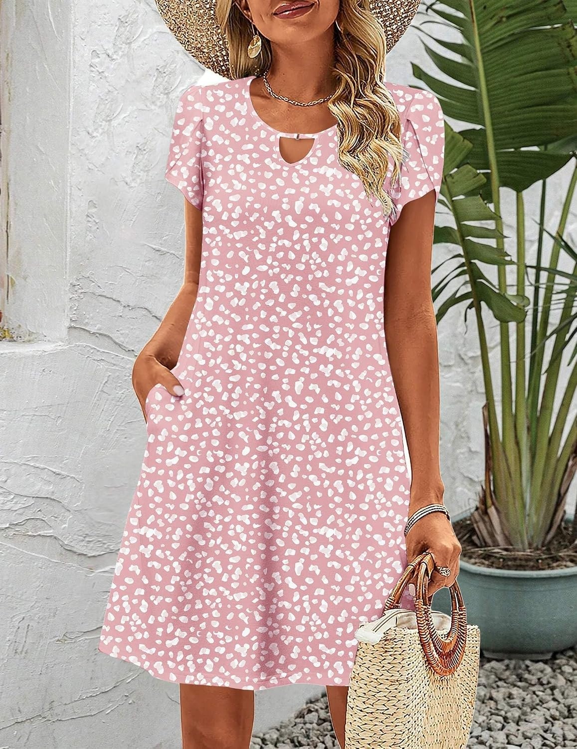 image:imageZeagoo Womens Casual ALine Dresses with Pockets Summer Floral Tshirt Dress Short Sleeve Mini Dress Flowy SundressesPink Dot