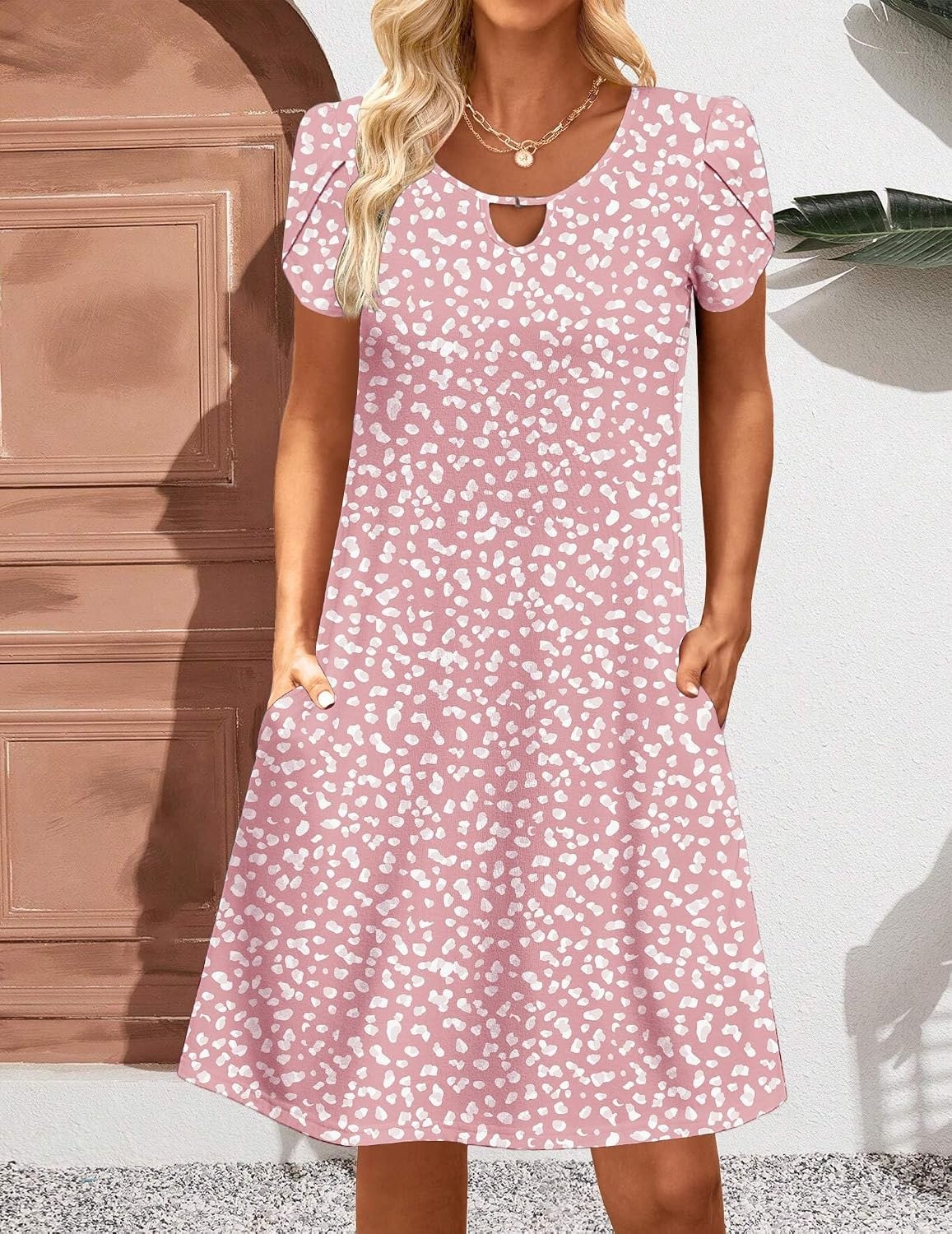 image:imageZeagoo Womens Casual ALine Dresses with Pockets Summer Floral Tshirt Dress Short Sleeve Mini Dress Flowy SundressesPink Dot