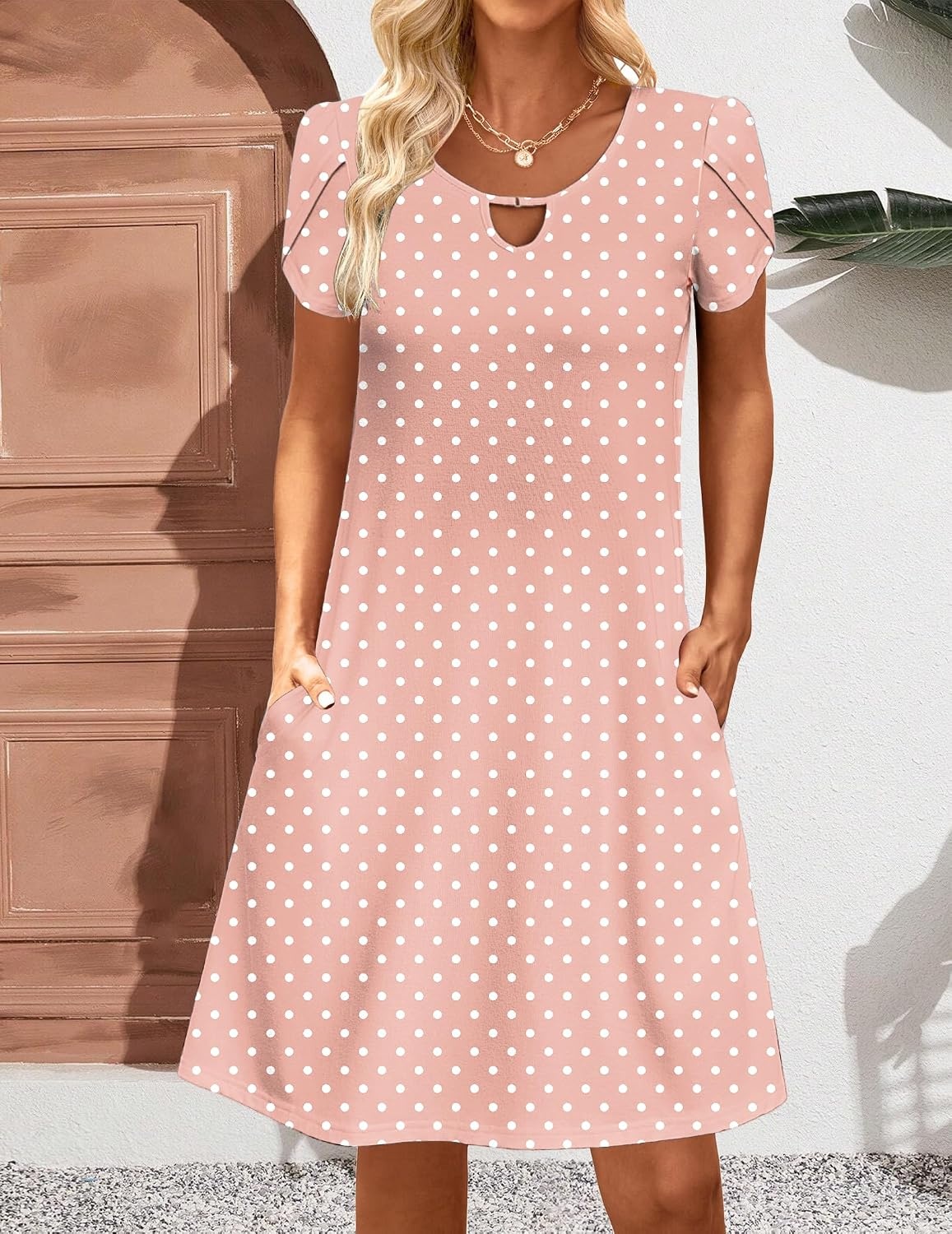 image:imageZeagoo Womens Casual ALine Dresses with Pockets Summer Floral Tshirt Dress Short Sleeve Mini Dress Flowy SundressesPink Round Dot