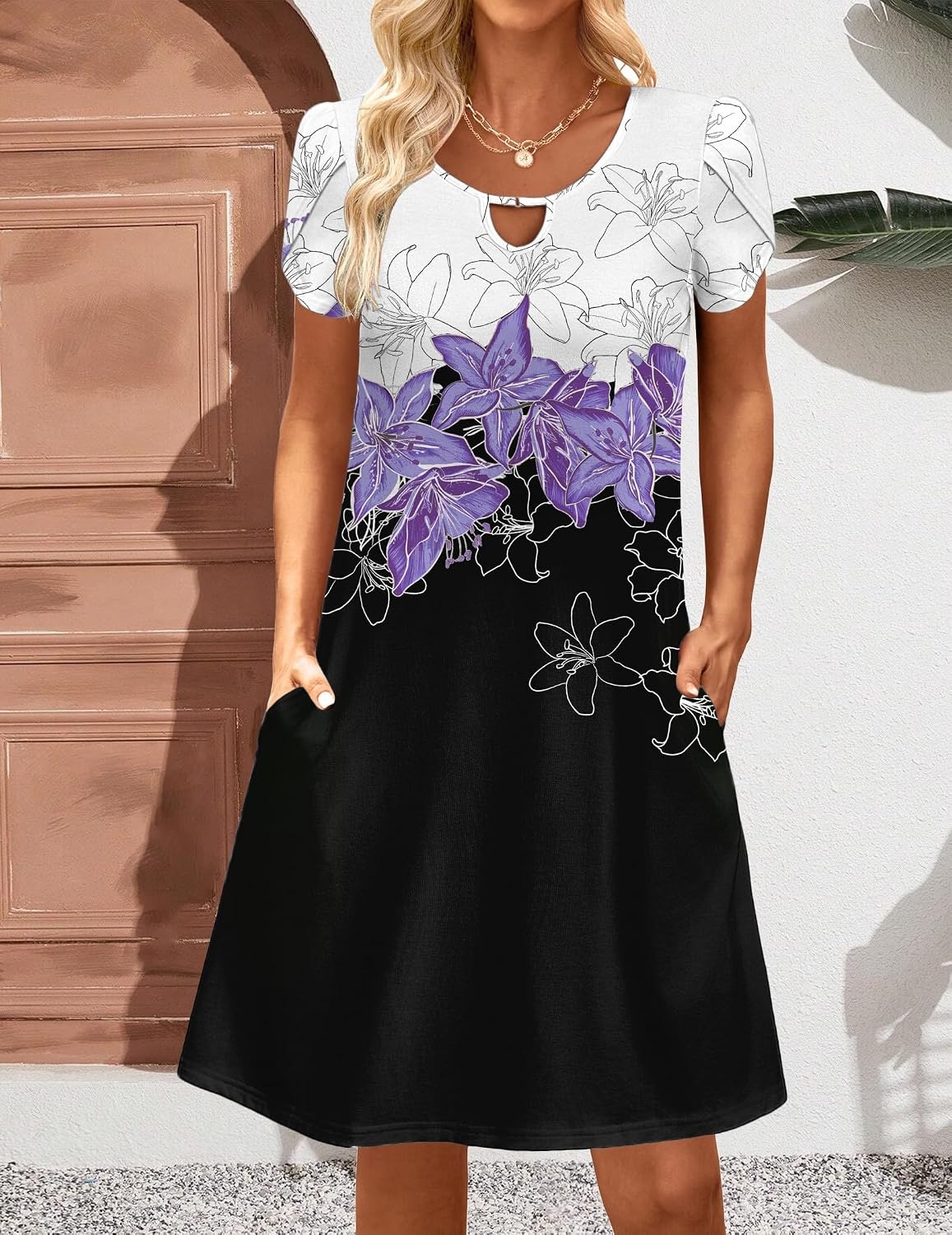 image:imageZeagoo Womens Casual ALine Dresses with Pockets Summer Floral Tshirt Dress Short Sleeve Mini Dress Flowy SundressesPurple Floralprinted