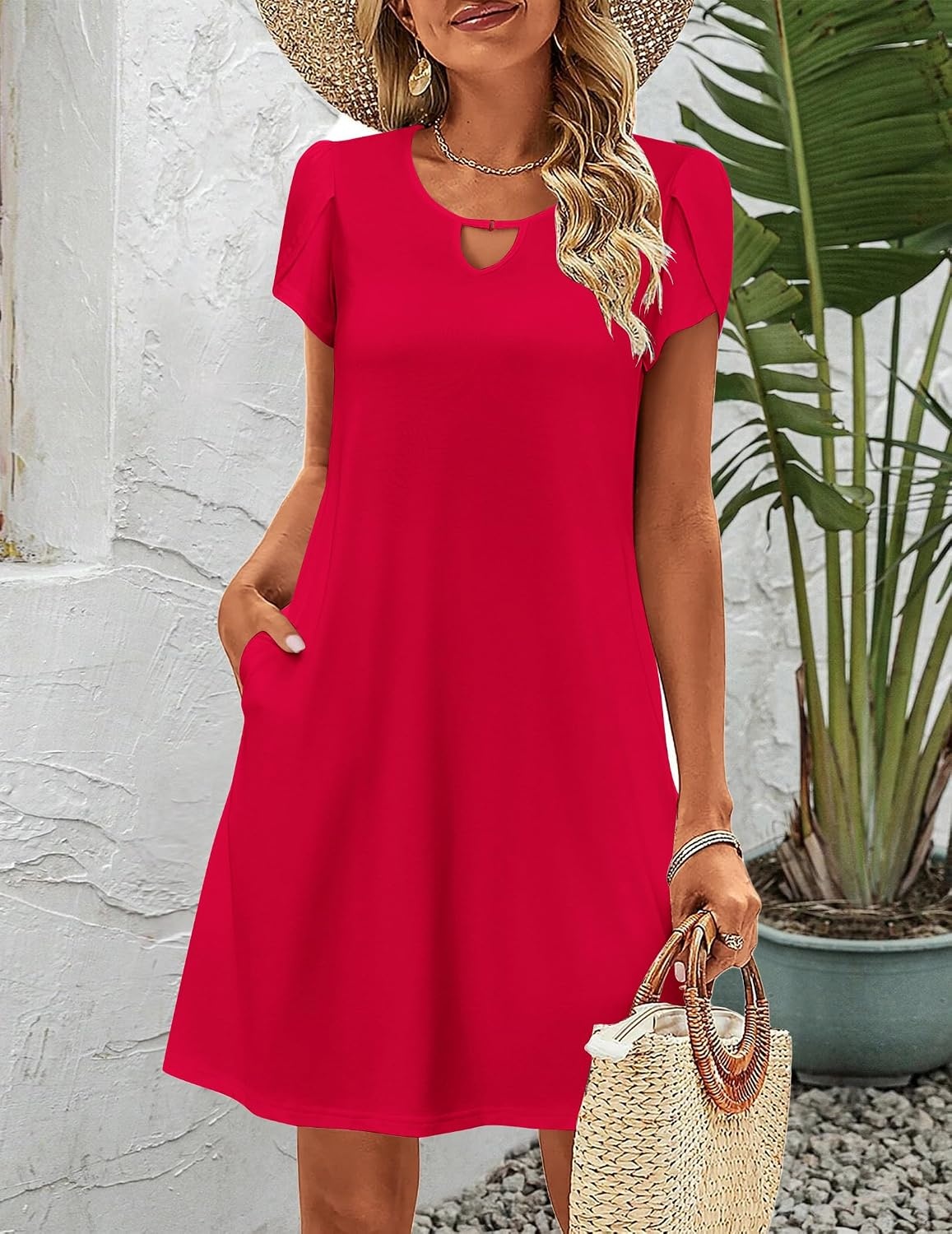 image:imageZeagoo Womens Casual ALine Dresses with Pockets Summer Floral Tshirt Dress Short Sleeve Mini Dress Flowy SundressesRed