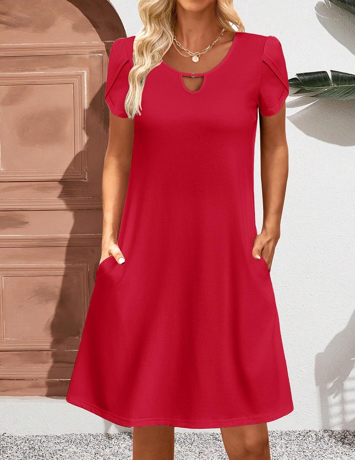 image:imageZeagoo Womens Casual ALine Dresses with Pockets Summer Floral Tshirt Dress Short Sleeve Mini Dress Flowy SundressesRed