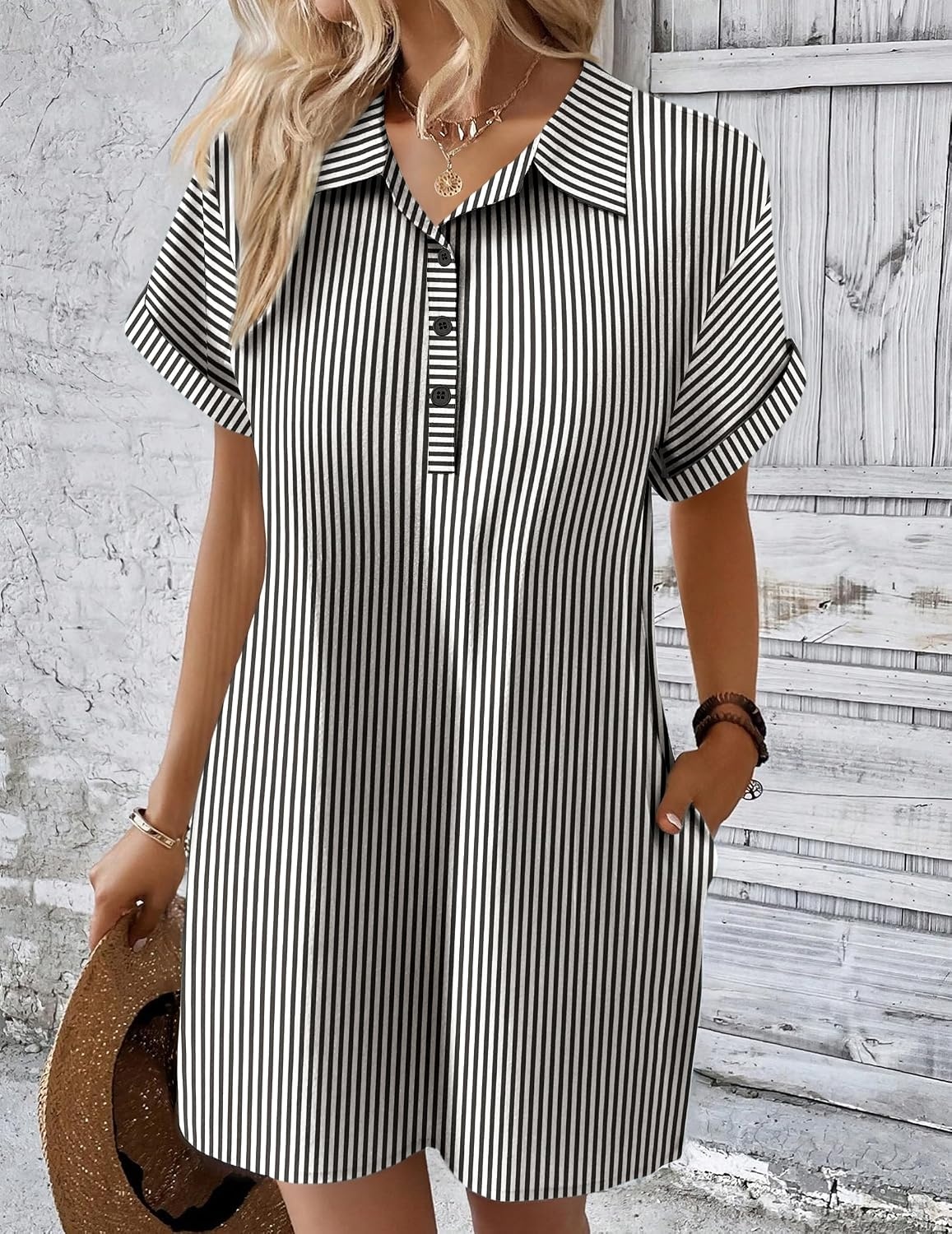 image:imageZeagoo Womens Cotton Shirt Dress Summer Casual Short Sleeve Button Down Beach Cover Up Shirts with Pockets01black White Stripe