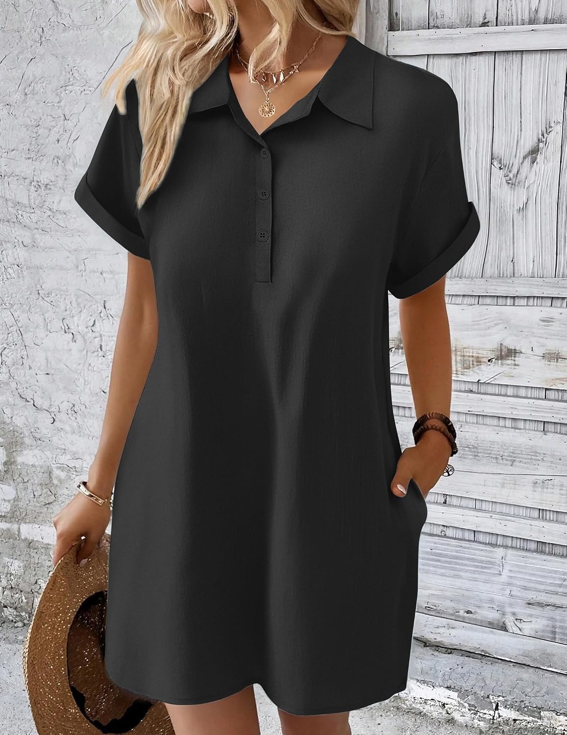 image:imageZeagoo Womens Cotton Shirt Dress Summer Casual Short Sleeve Button Down Beach Cover Up Shirts with Pockets02black