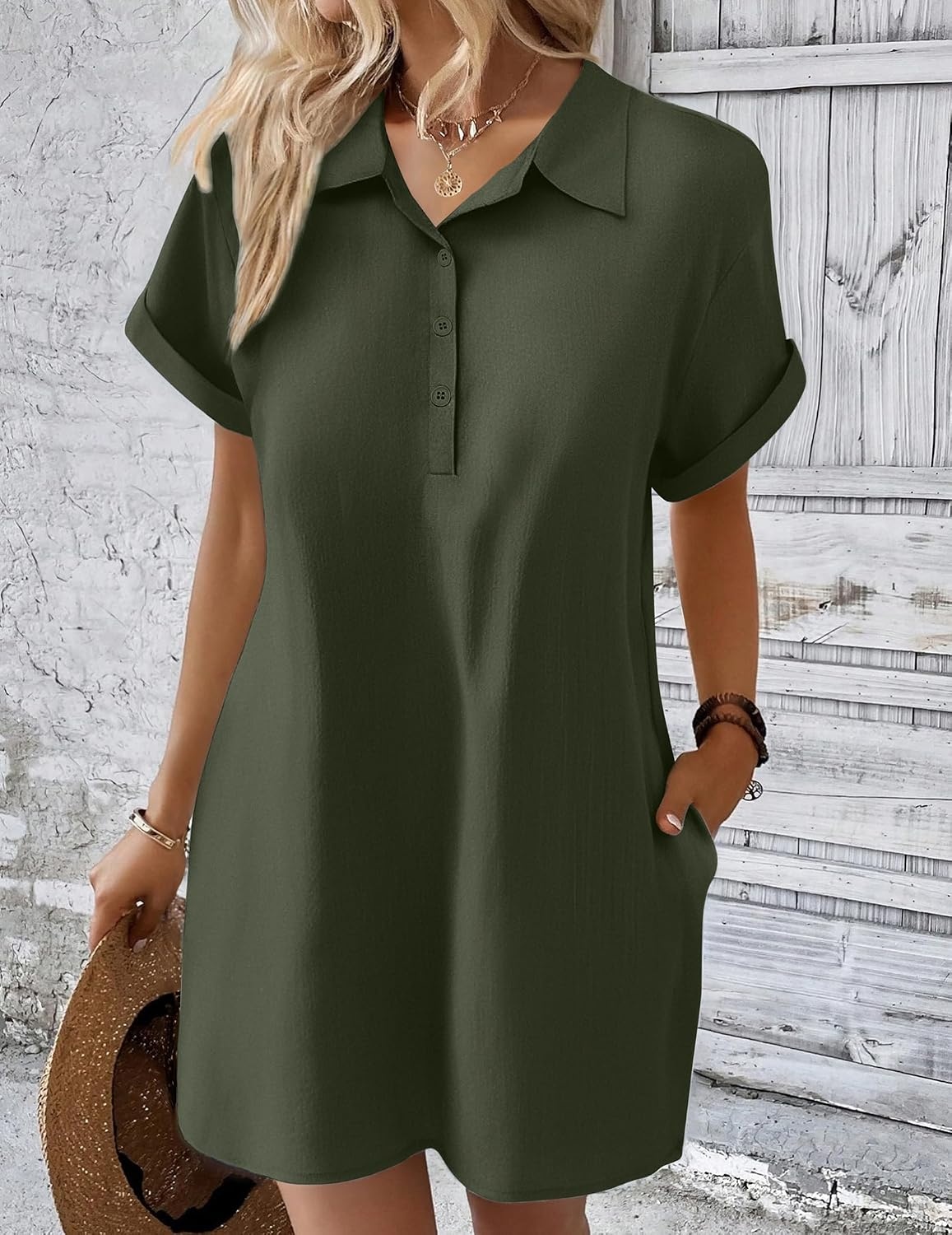 image:imageZeagoo Womens Cotton Shirt Dress Summer Casual Short Sleeve Button Down Beach Cover Up Shirts with PocketsArmy Green