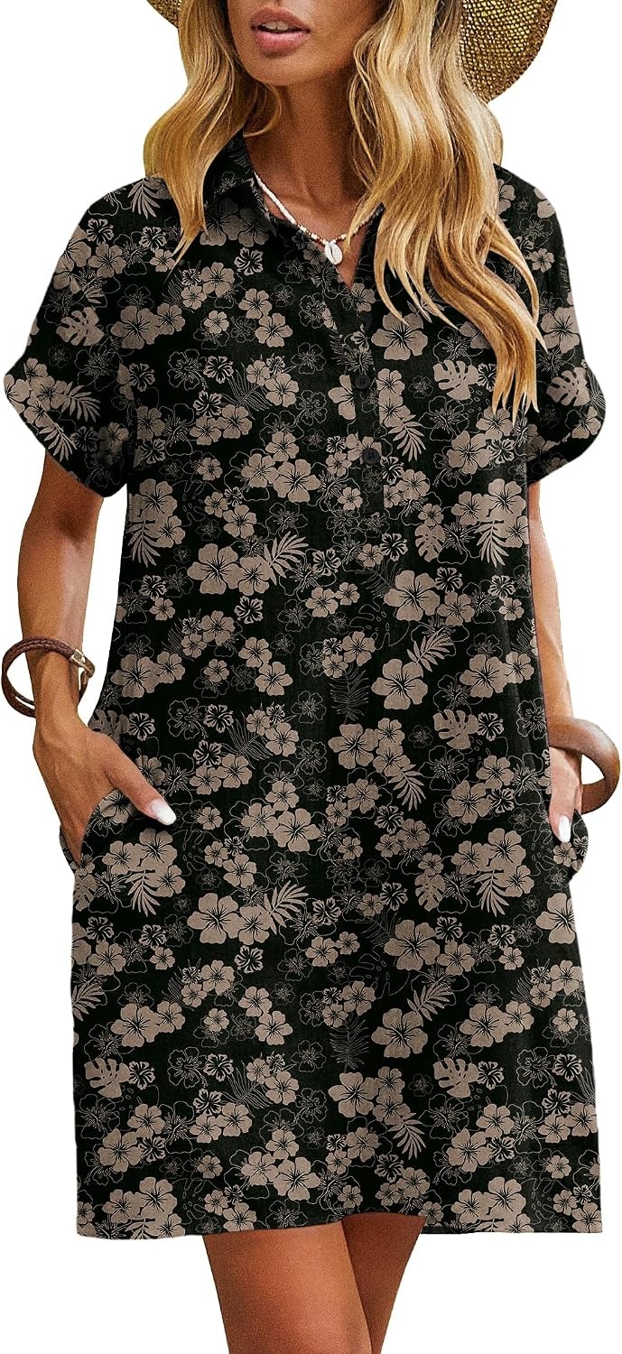 image:imageZeagoo Womens Cotton Shirt Dress Summer Casual Short Sleeve Button Down Beach Cover Up Shirts with PocketsBlack Floral