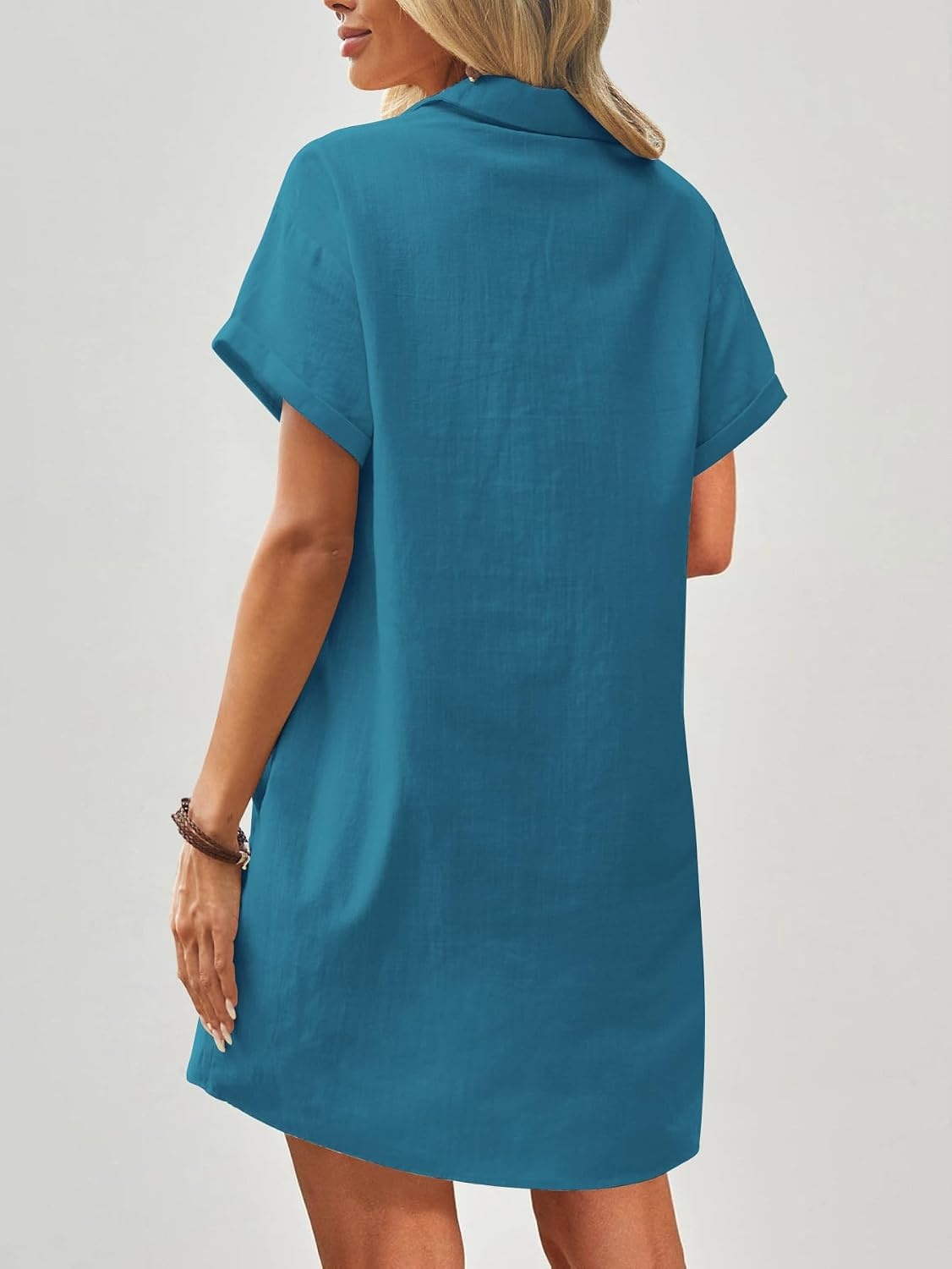 image:imageZeagoo Womens Cotton Shirt Dress Summer Casual Short Sleeve Button Down Beach Cover Up Shirts with PocketsBlue Green