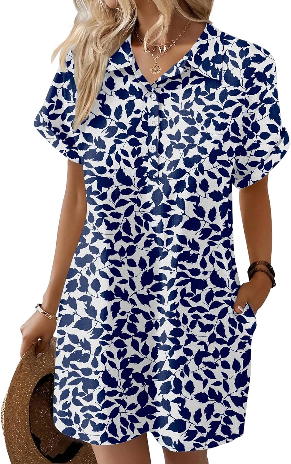 image:imageZeagoo Womens Cotton Shirt Dress Summer Casual Short Sleeve Button Down Beach Cover Up Shirts with PocketsBlue Leaves