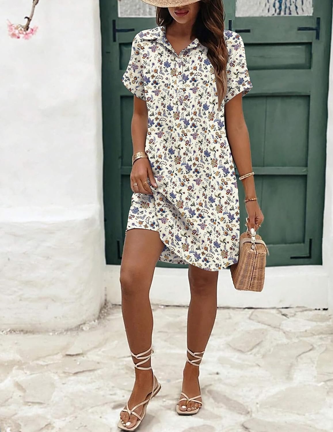 image:imageZeagoo Womens Cotton Shirt Dress Summer Casual Short Sleeve Button Down Beach Cover Up Shirts with PocketsFloral