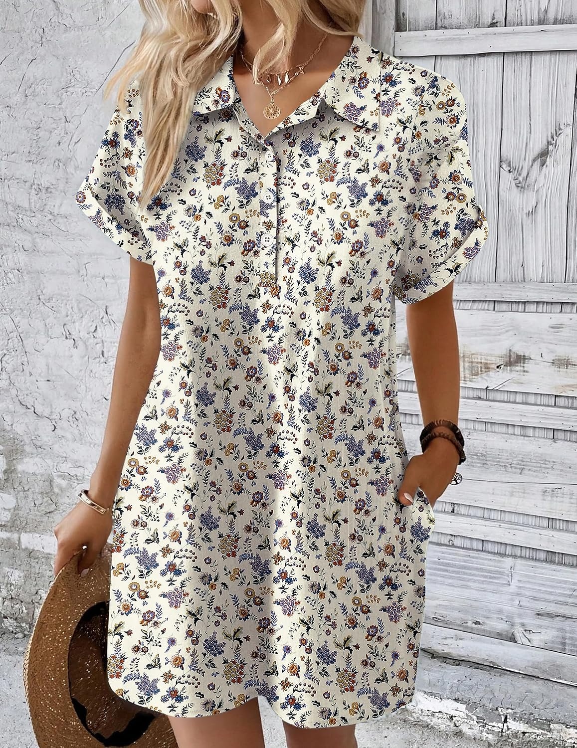 image:imageZeagoo Womens Cotton Shirt Dress Summer Casual Short Sleeve Button Down Beach Cover Up Shirts with PocketsFloral