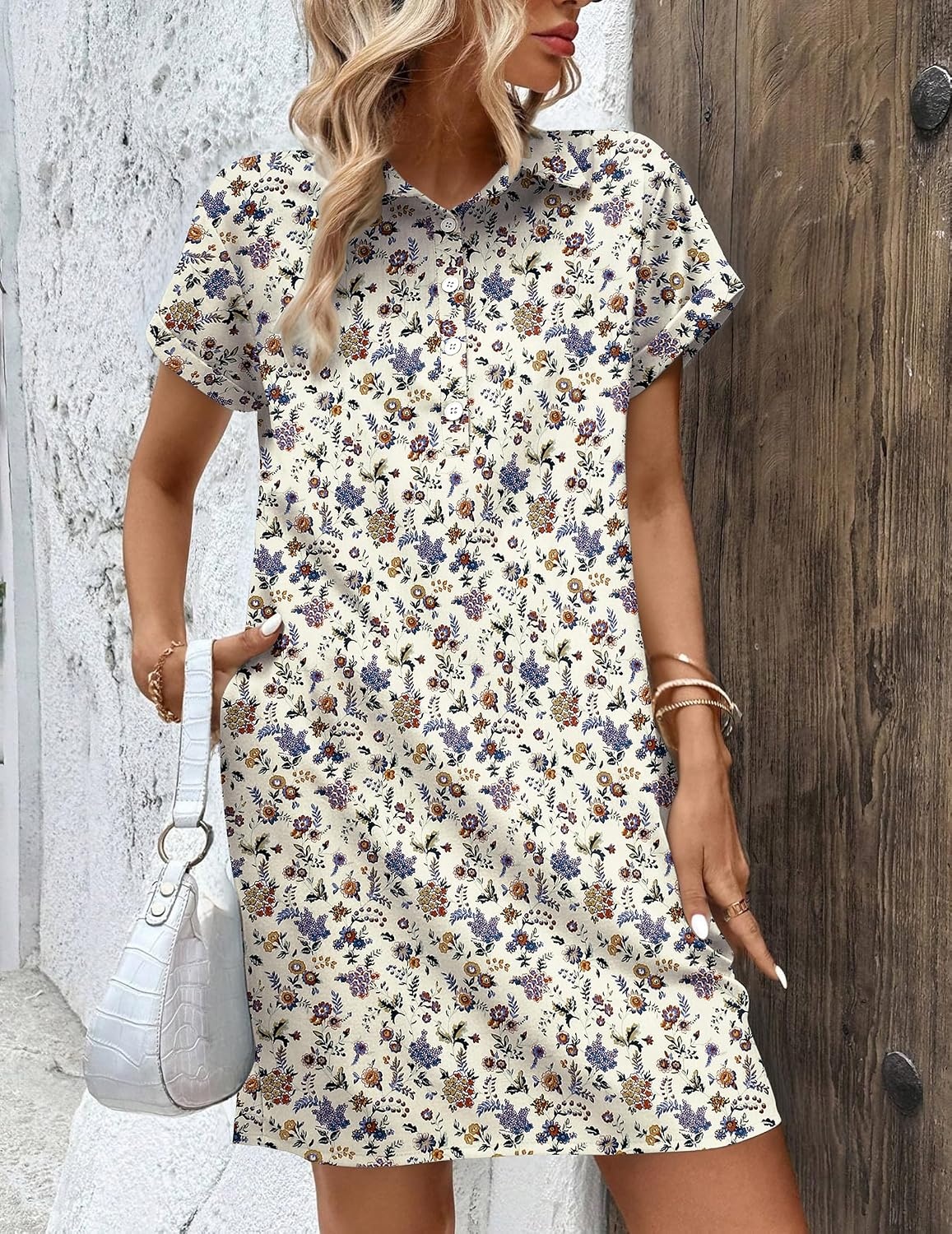 image:imageZeagoo Womens Cotton Shirt Dress Summer Casual Short Sleeve Button Down Beach Cover Up Shirts with PocketsFloral