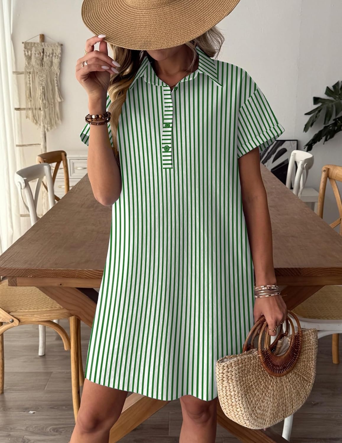 image:imageZeagoo Womens Cotton Shirt Dress Summer Casual Short Sleeve Button Down Beach Cover Up Shirts with PocketsGreen White Stripe
