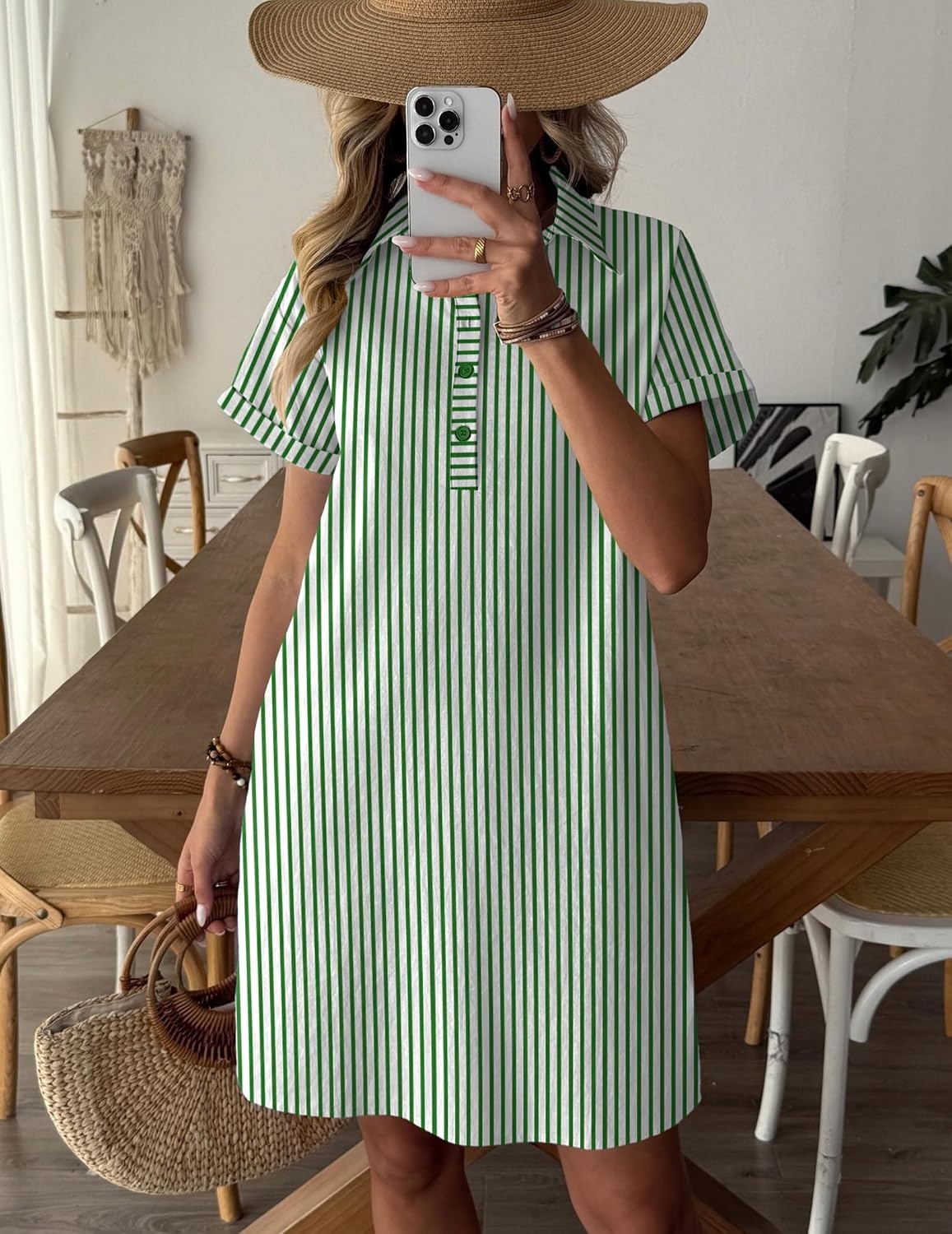 image:imageZeagoo Womens Cotton Shirt Dress Summer Casual Short Sleeve Button Down Beach Cover Up Shirts with PocketsGreen White Stripe