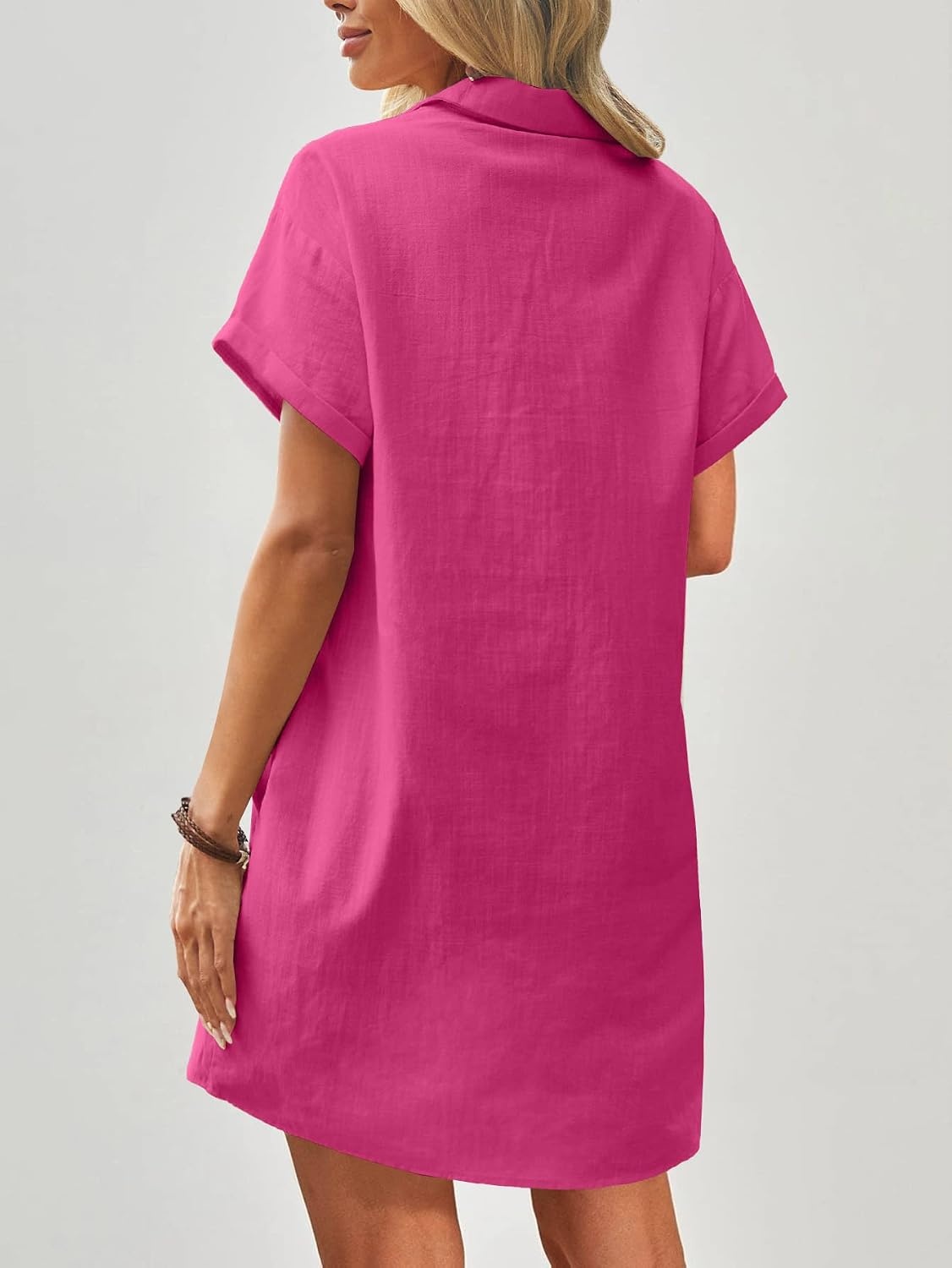 image:imageZeagoo Womens Cotton Shirt Dress Summer Casual Short Sleeve Button Down Beach Cover Up Shirts with PocketsHot Pink