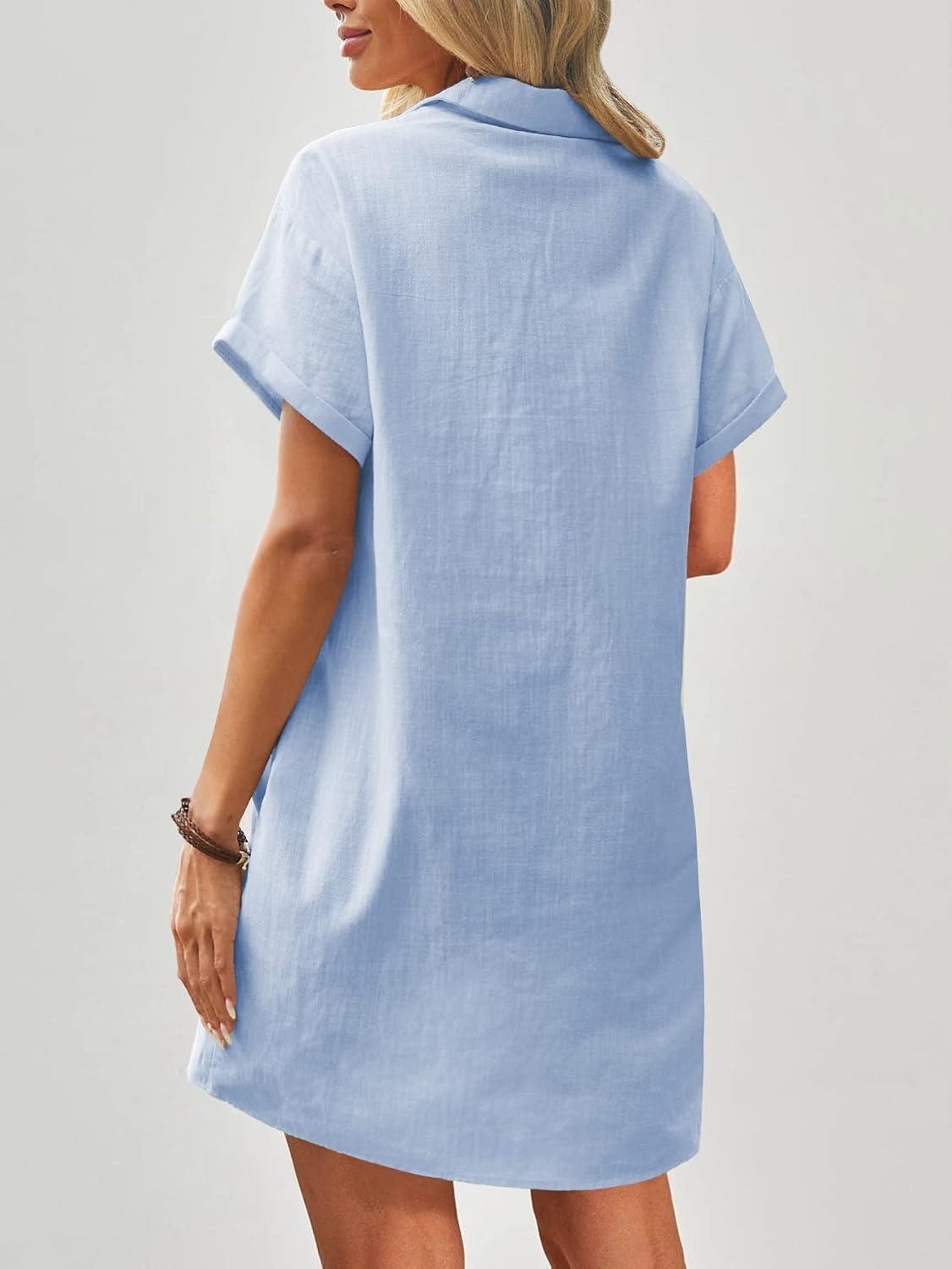image:imageZeagoo Womens Cotton Shirt Dress Summer Casual Short Sleeve Button Down Beach Cover Up Shirts with PocketsLight Blue