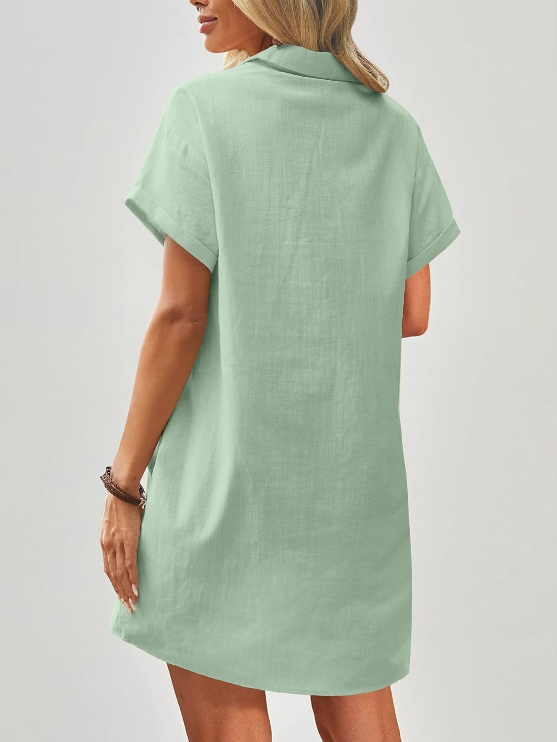 image:imageZeagoo Womens Cotton Shirt Dress Summer Casual Short Sleeve Button Down Beach Cover Up Shirts with PocketsLight Green