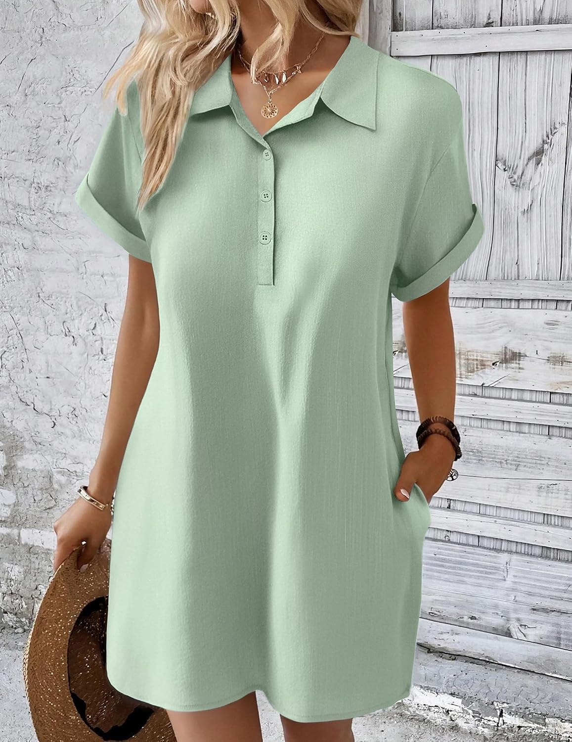 image:imageZeagoo Womens Cotton Shirt Dress Summer Casual Short Sleeve Button Down Beach Cover Up Shirts with PocketsLight Green