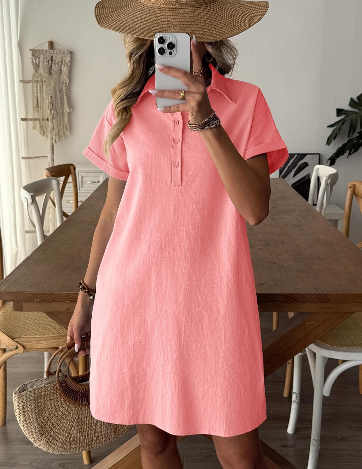 image:imageZeagoo Womens Cotton Shirt Dress Summer Casual Short Sleeve Button Down Beach Cover Up Shirts with PocketsPink Orange