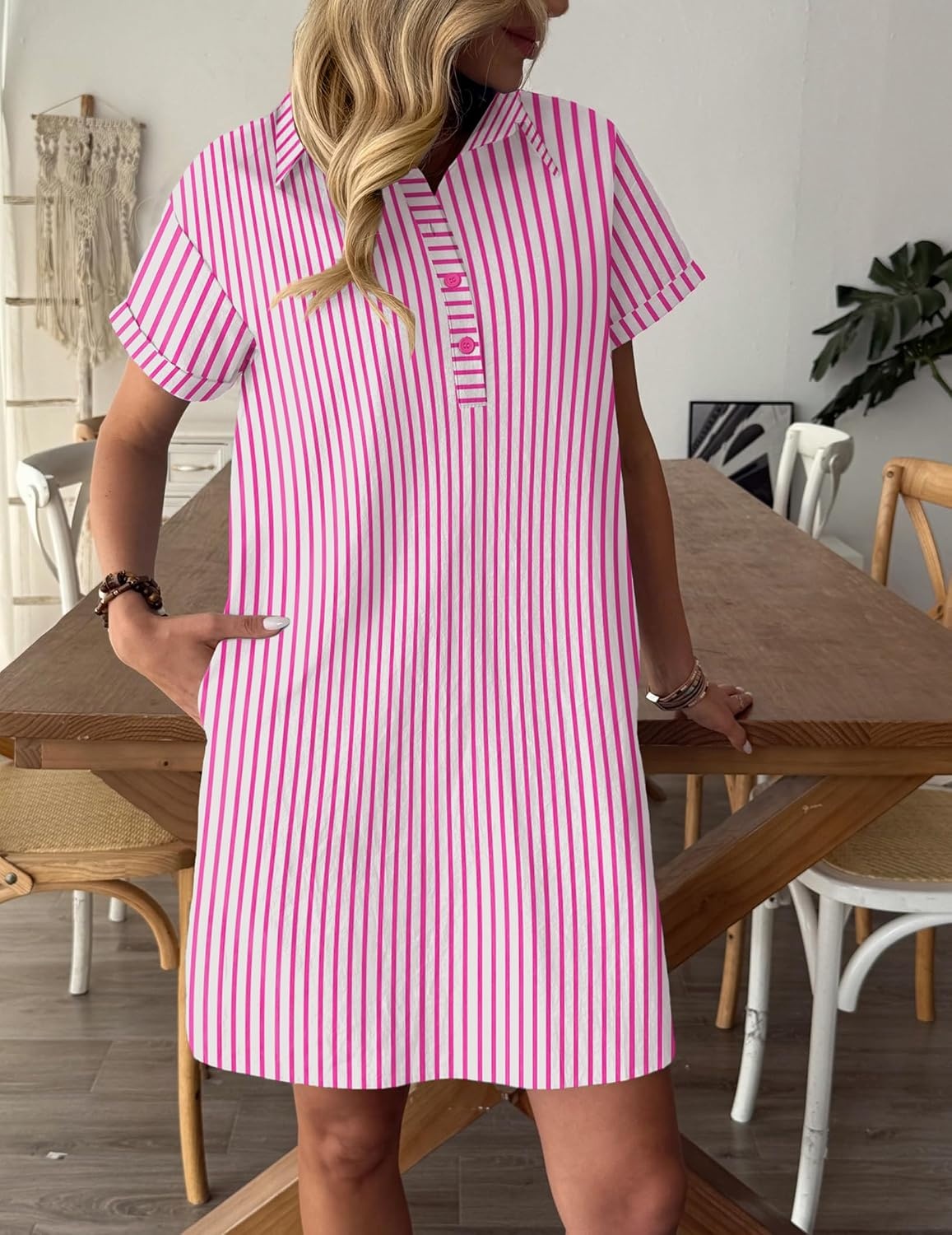 image:imageZeagoo Womens Cotton Shirt Dress Summer Casual Short Sleeve Button Down Beach Cover Up Shirts with PocketsPink White Stripe