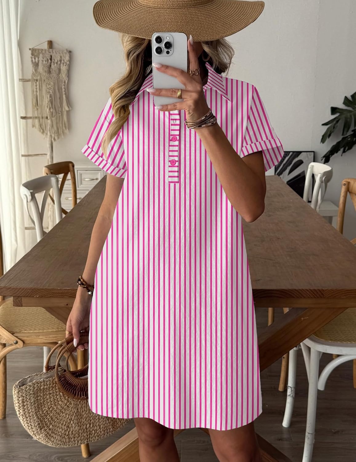 image:imageZeagoo Womens Cotton Shirt Dress Summer Casual Short Sleeve Button Down Beach Cover Up Shirts with PocketsPink White Stripe